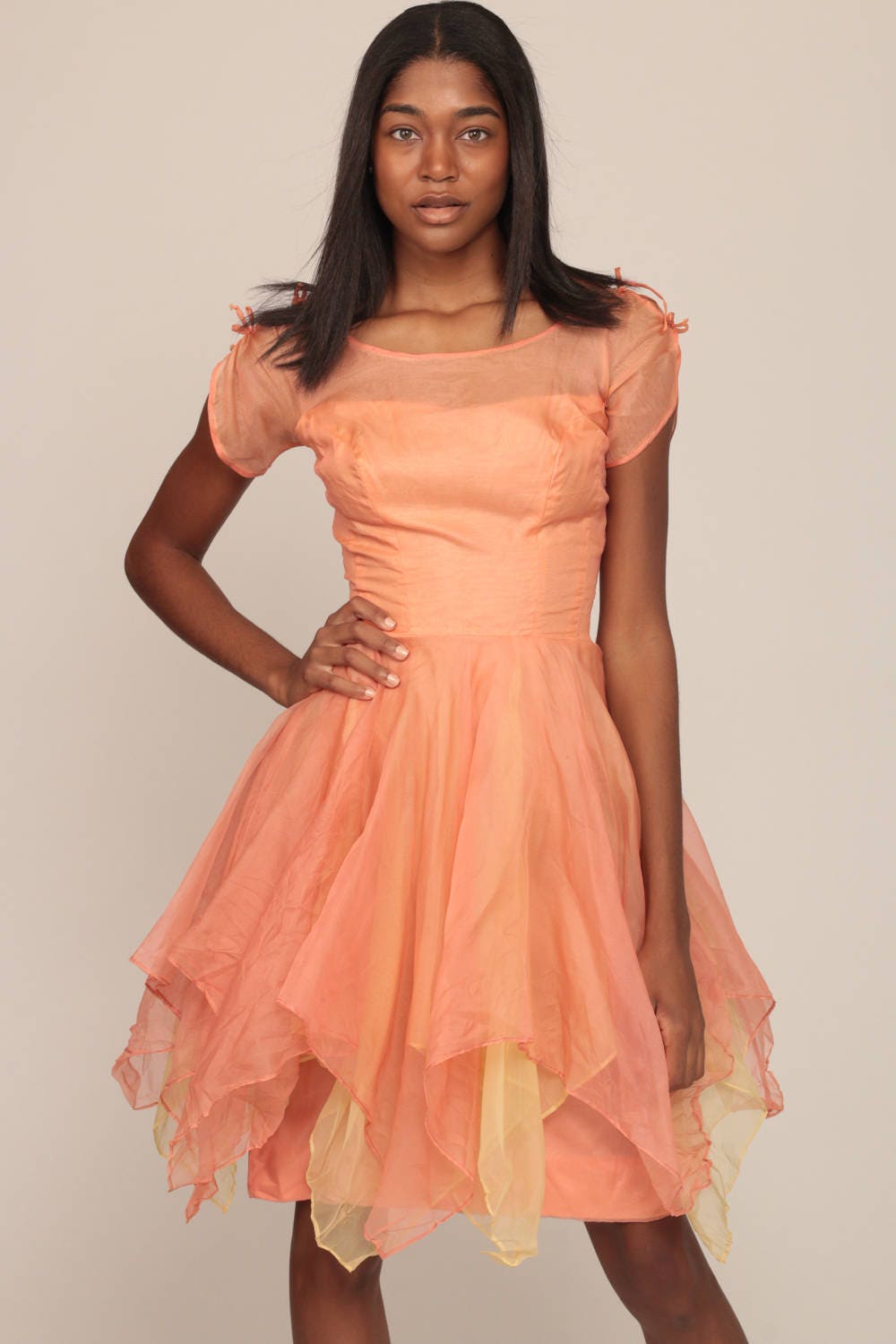 1950s Peach Chiffon Party Dress Illusion Neckline Mini Extra Small