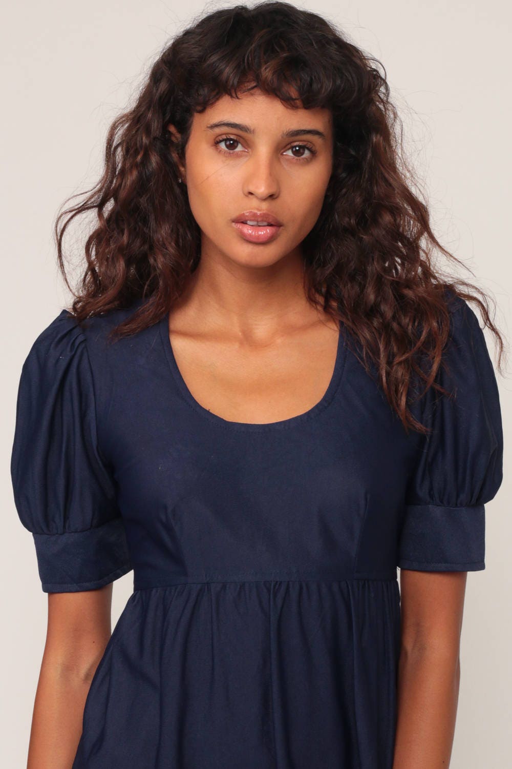 60s Navy Babydoll Dress Empire Waist Puff Sleeve Mini Mod Extra Small
