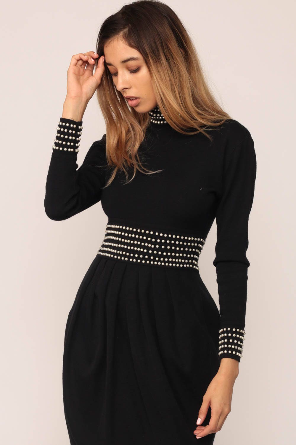 80s Black Wool Pearl Beaded Mini Dress High Waist Long Sleeve Extra Small XS