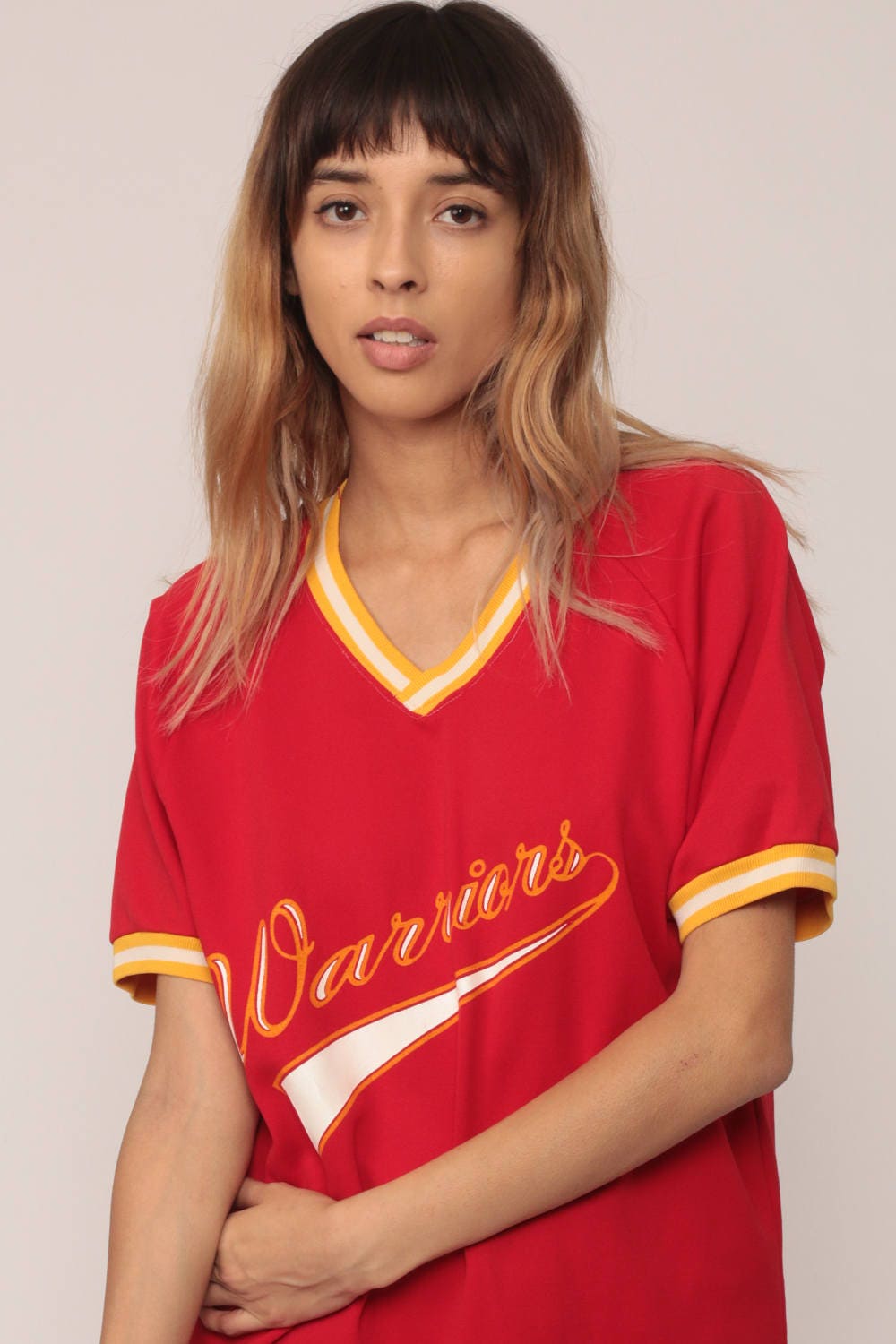 80s Warriors 11 Baseball Tee Ringer Shirt Red V-Neck Graphic Medium