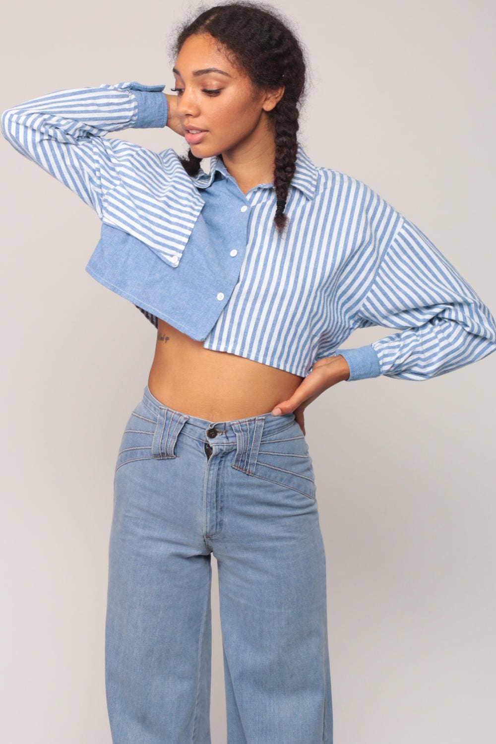 80s Chambray Striped Crop Top Button-Up Blouse Long Sleeve Blue White Small