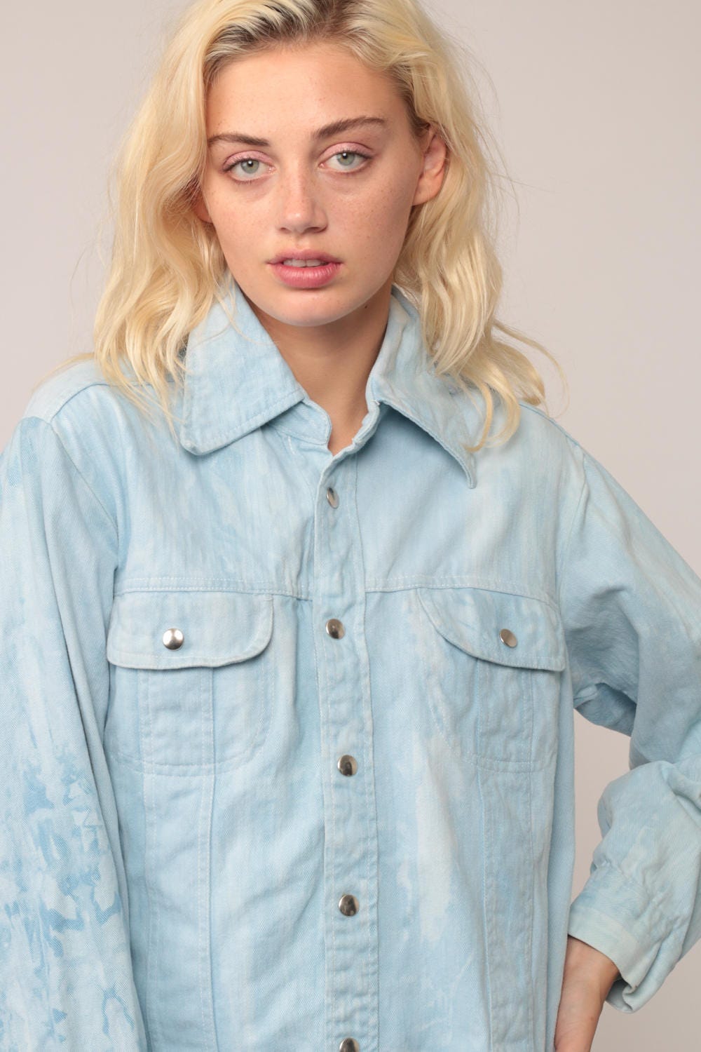 70s Blue Denim Button-Up Shirt Long Sleeve Snap Front Large