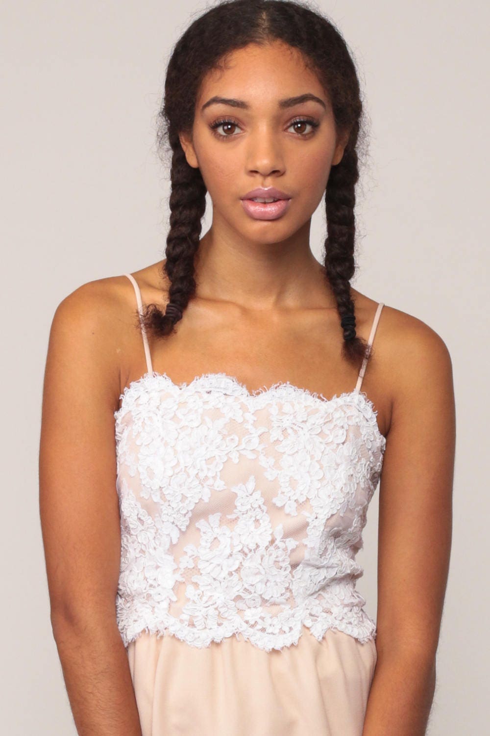 70s White Lace Midi Dress Spaghetti Strap High Waist Nude Skirt Extra Small