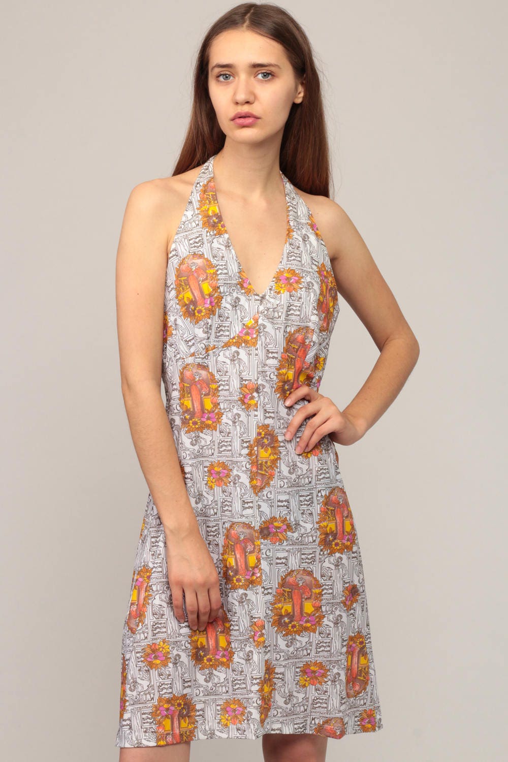 70s Halter Neck Mini Dress Floral Lady Print Deep V Open Back Medium