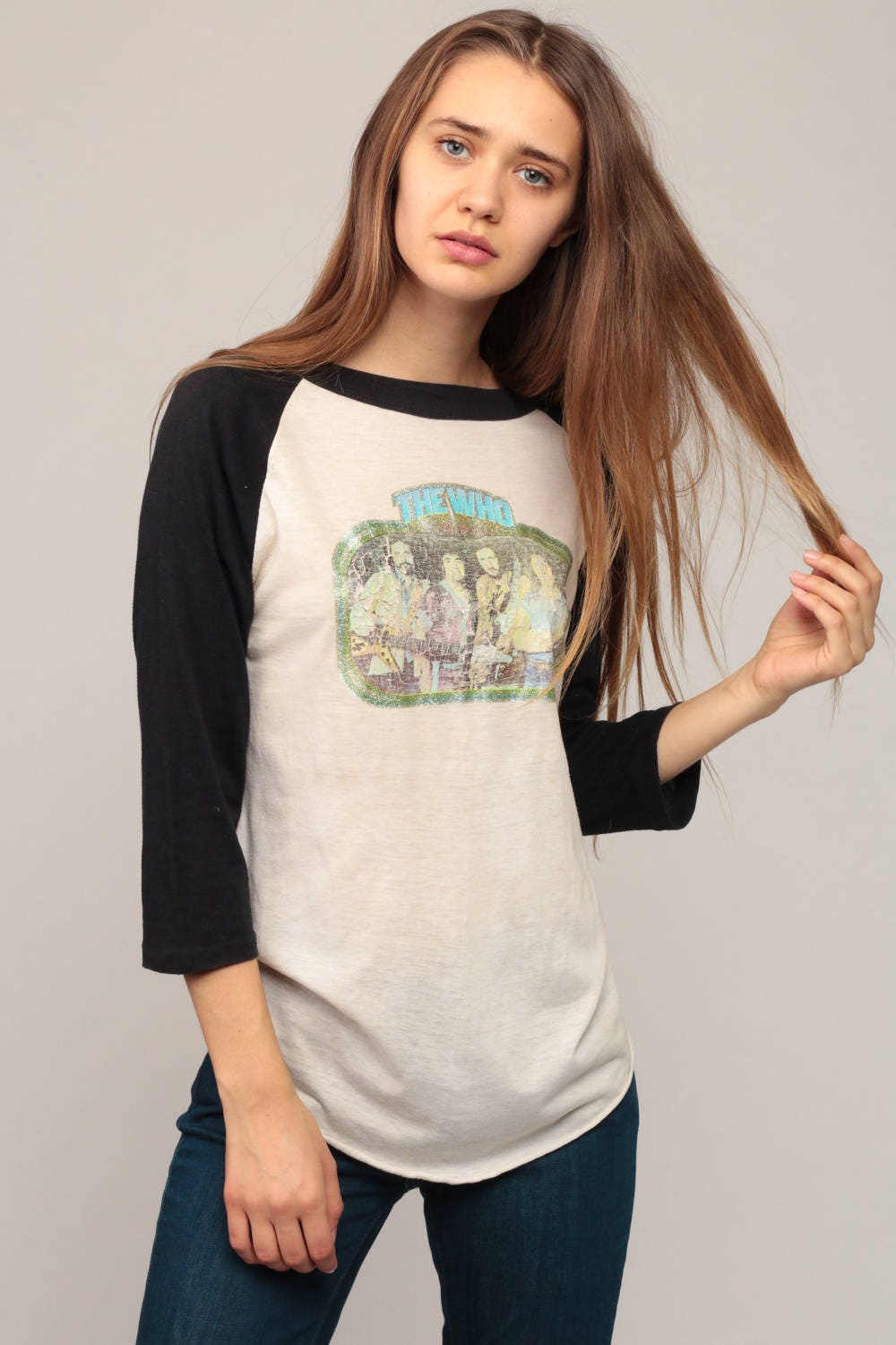 The Who Band Tee 80s Raglan Baseball T-Shirt Distressed Print Large