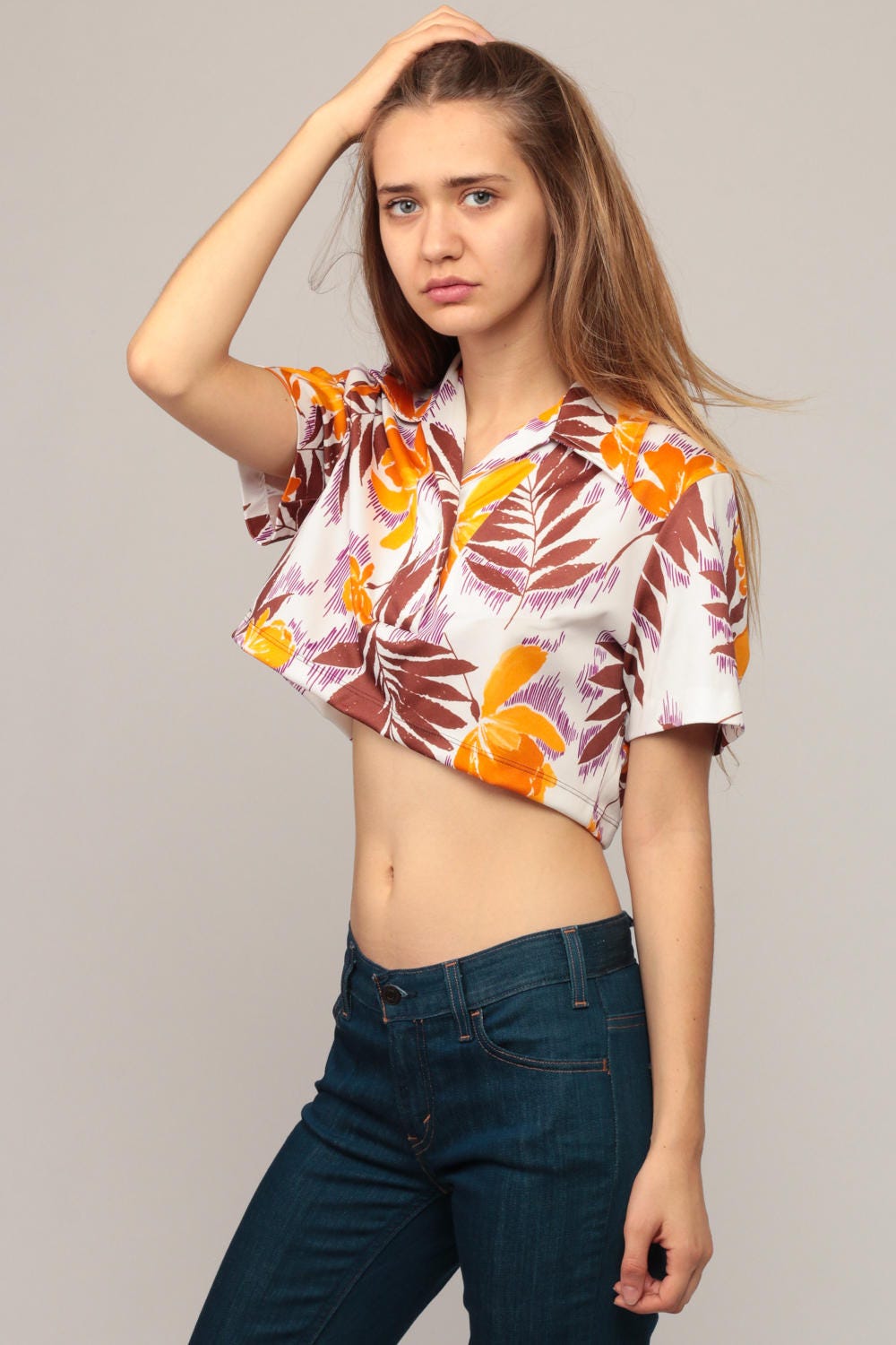 70s Tropical Floral Button-Up Crop Blouse Short Sleeve Small Medium