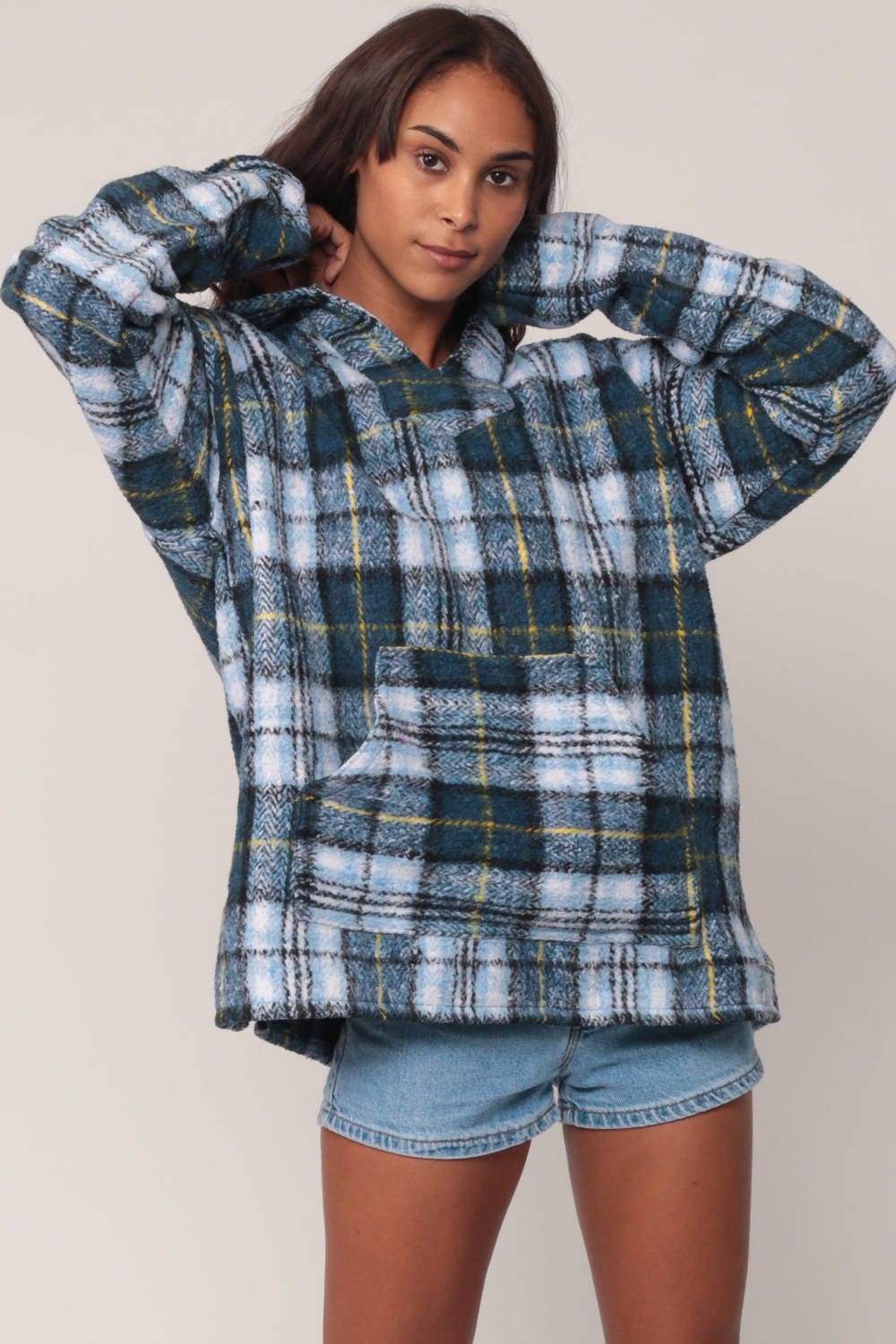 90s Blue Plaid Hooded Sweatshirt Jacket Kangaroo Pocket Small