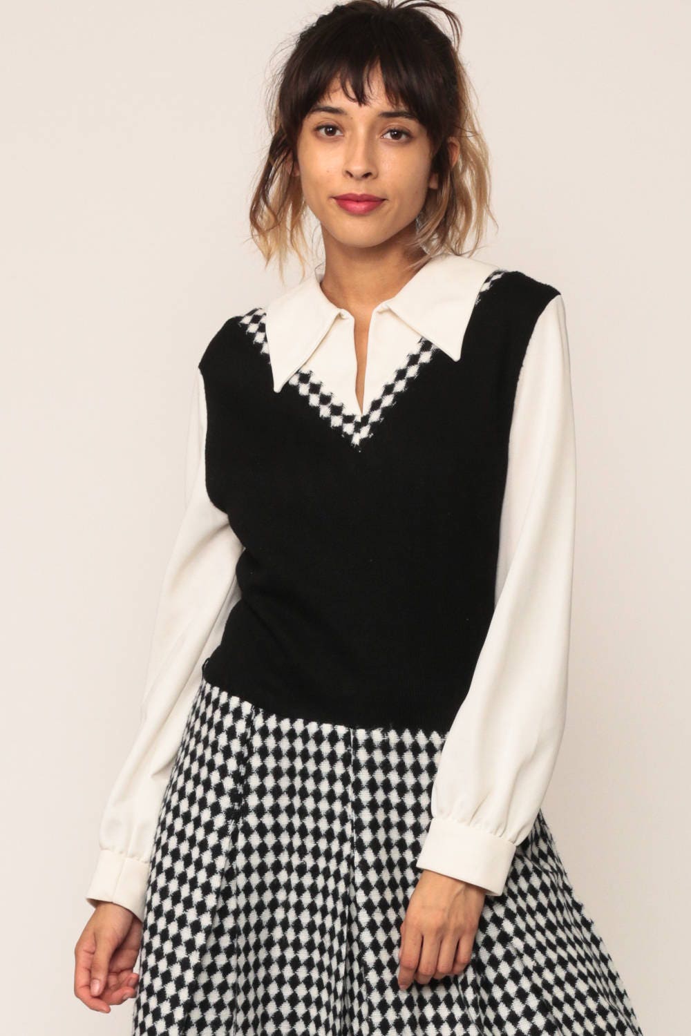 1970s Black White Checkered Midi Dress Drop Waist Pleated Long Sleeve Medium Large
