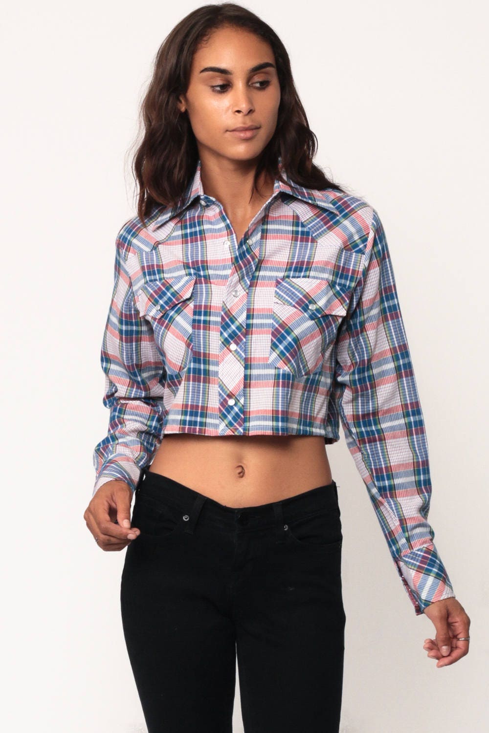 70s Blue Plaid Pearl Snap Western Crop Blouse Long Sleeve Small