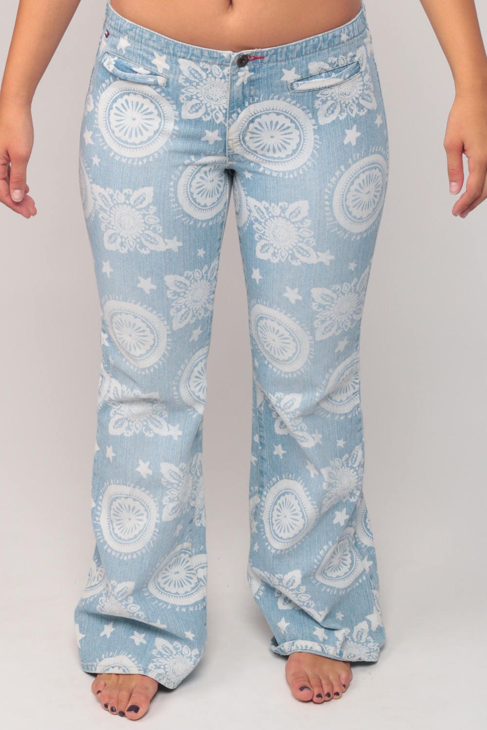 90s Tommy Hilfiger Bell Bottom Jeans Geometric Print Low Rise Blue Denim Medium 8