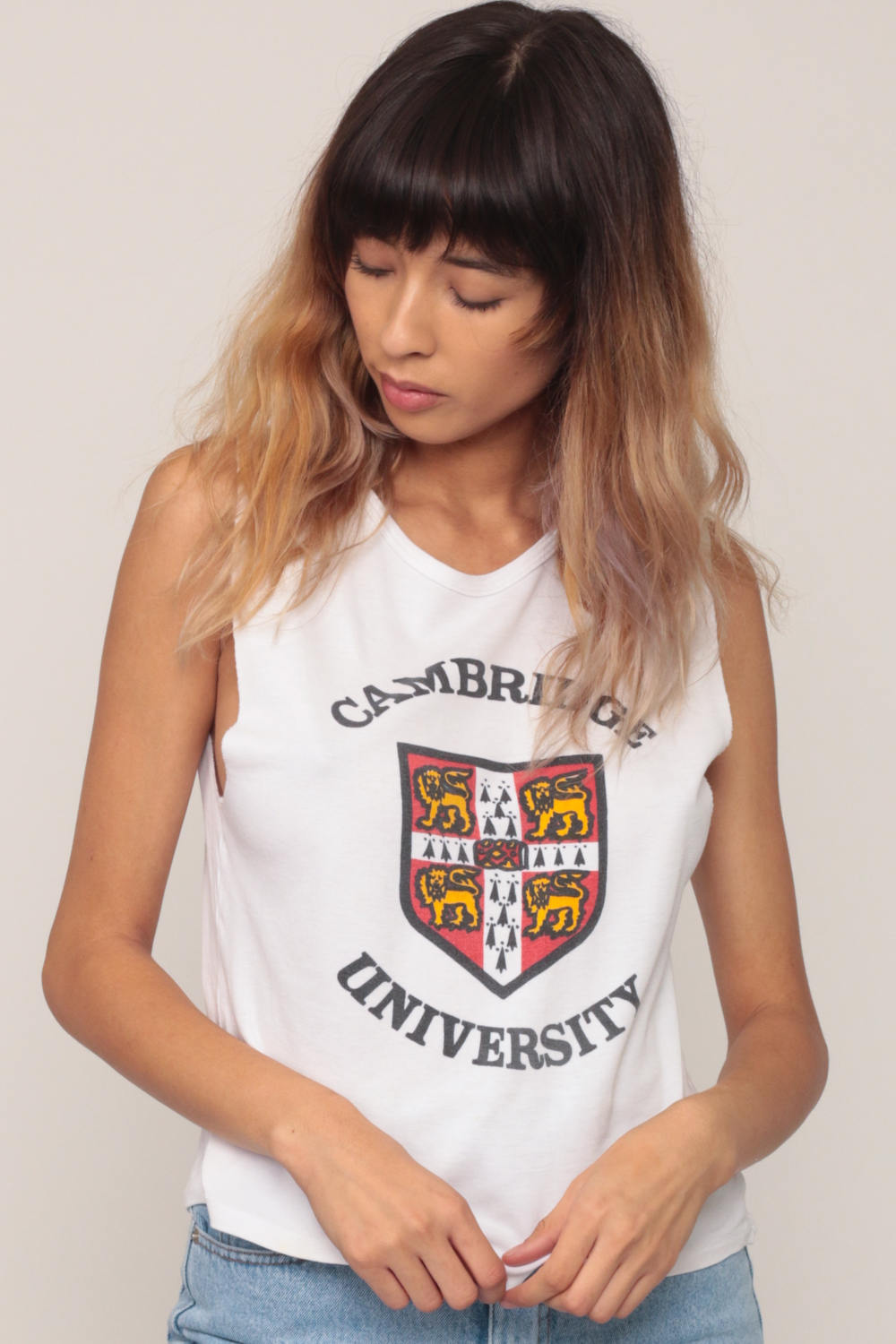 80s Cambridge University Tank Top Graphic Cutoff Muscle Tee Small Medium