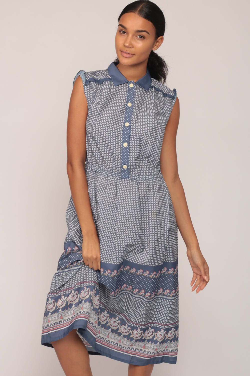 70s Blue Geometric Dot Print Midi Dress High Waist Button Up Collar Large