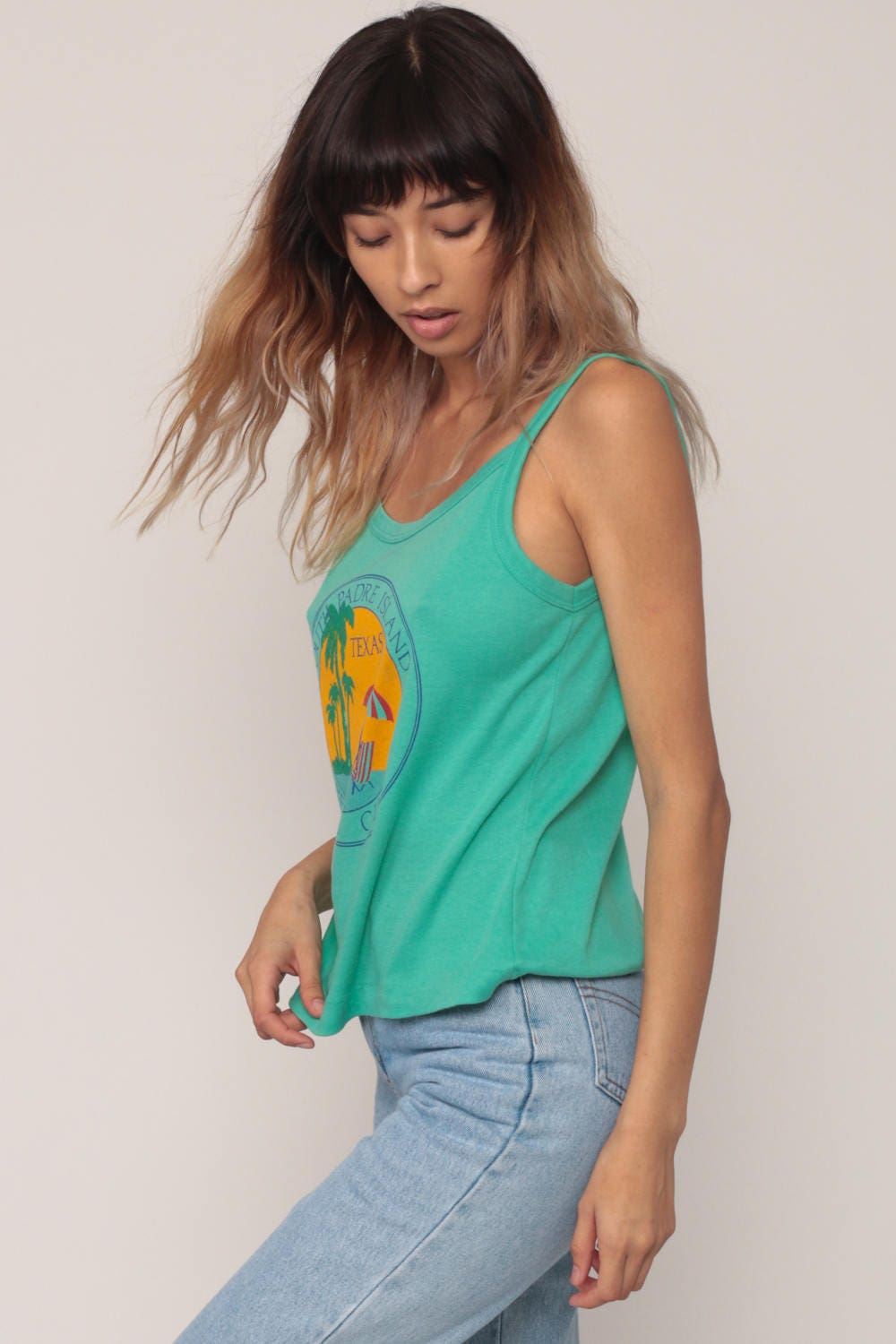 80s South Padre Island Palm Tree Tank Top Green Spaghetti Strap Camisole Medium