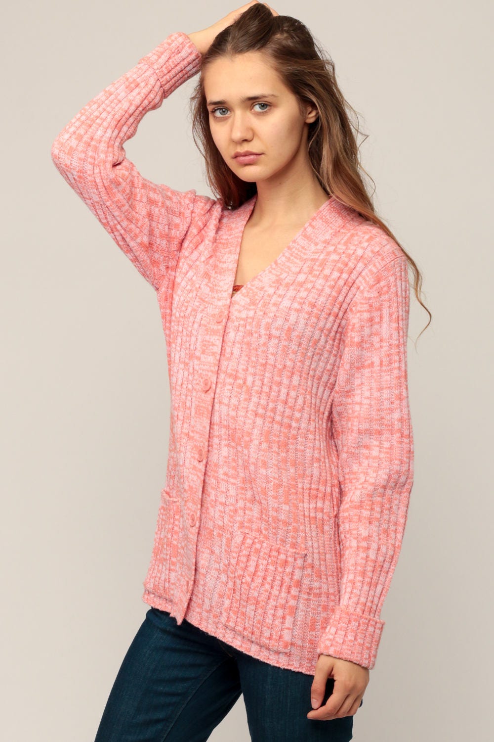 70s Space Dye Cardigan Sweater Orange Pink Ribbed Knit Button Up Medium