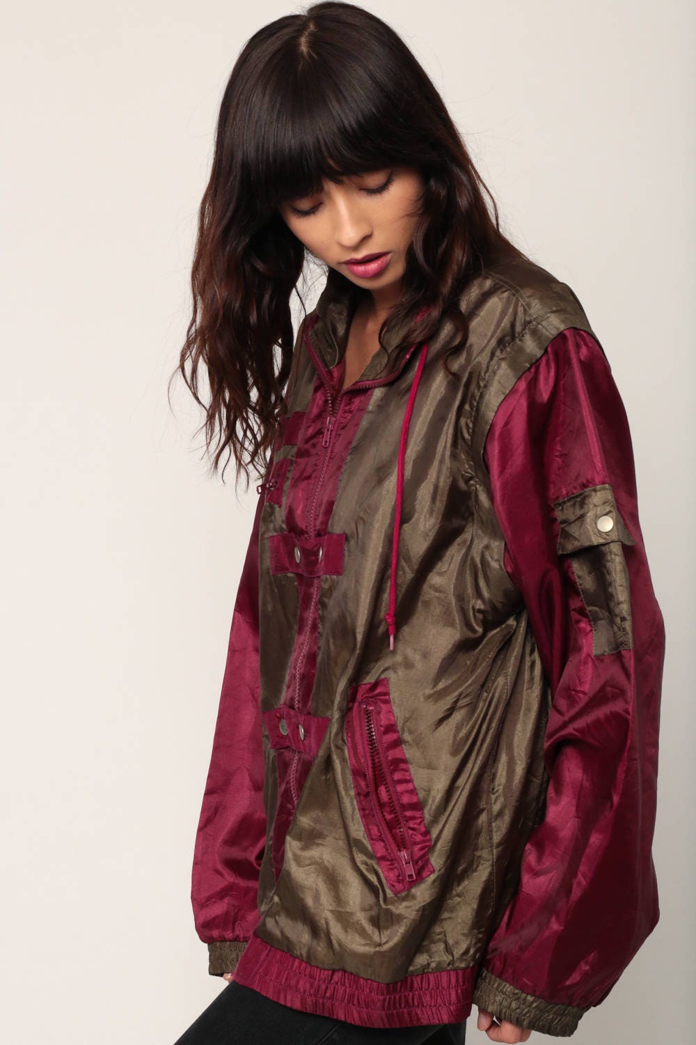 90s Color Block Windbreaker Jacket Removable Sleeves Red Brown Large