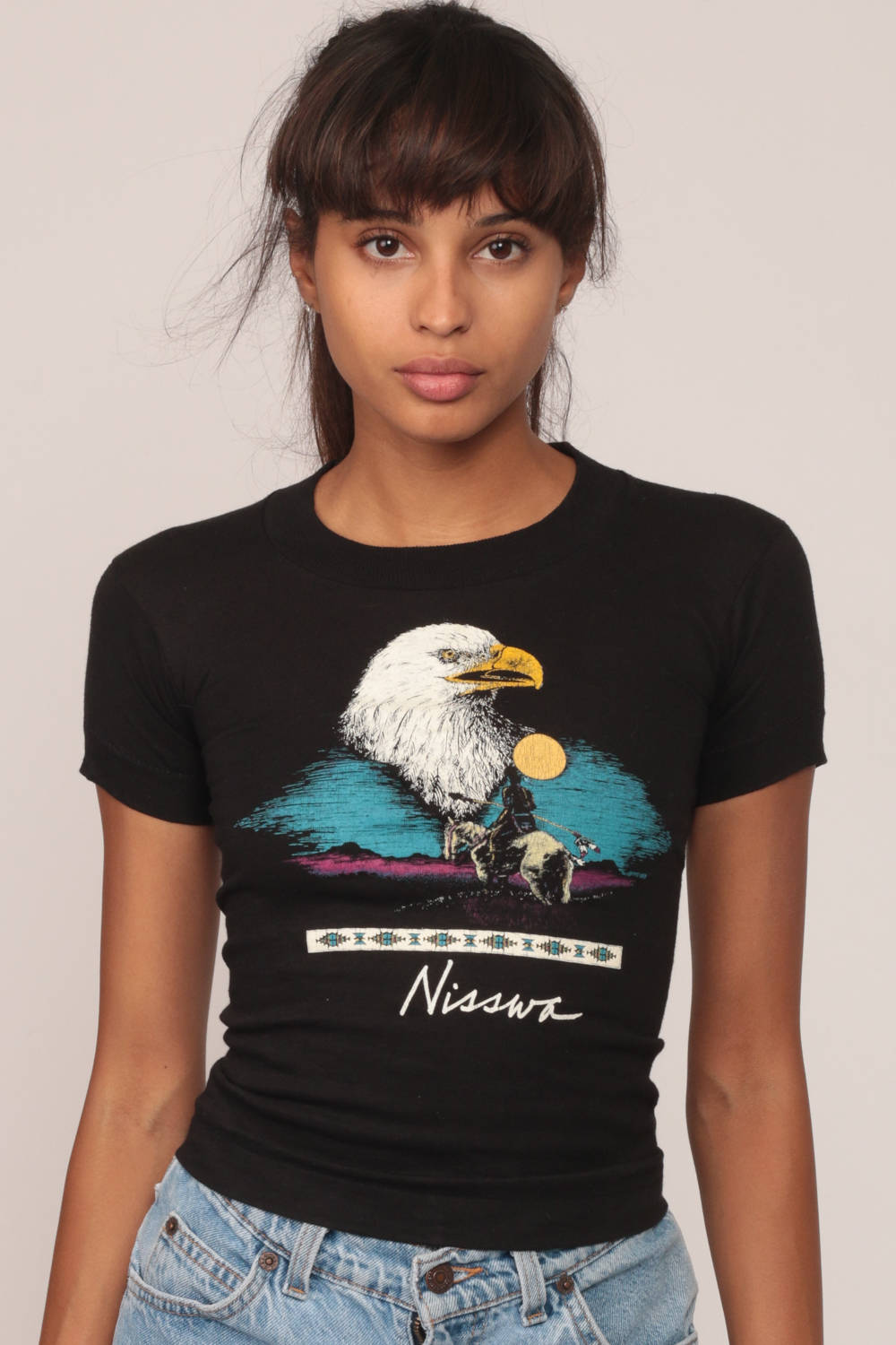 80s Nisswa Minnesota Eagle Native American Graphic T-Shirt Black Extra Small