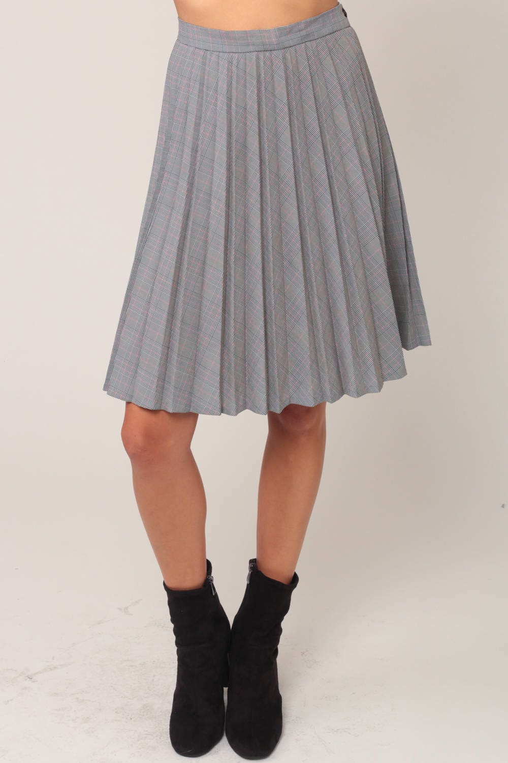70s Black White Pink Houndstooth Pleated Midi Skirt High Waist Extra Small