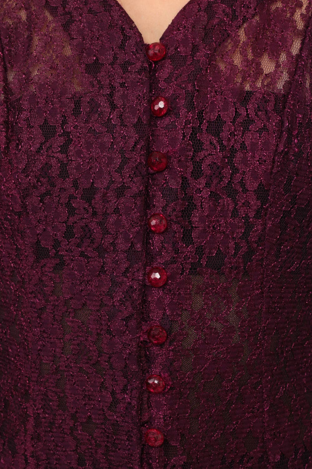 90s Purple Lace Mini Dress Button-Up Long Sleeve Sheer Fitted Small