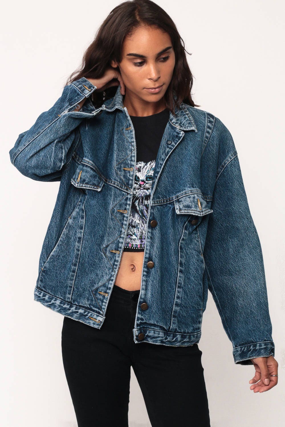 80s Blue Denim Jacket Trucker Jean Coat Button Front Medium