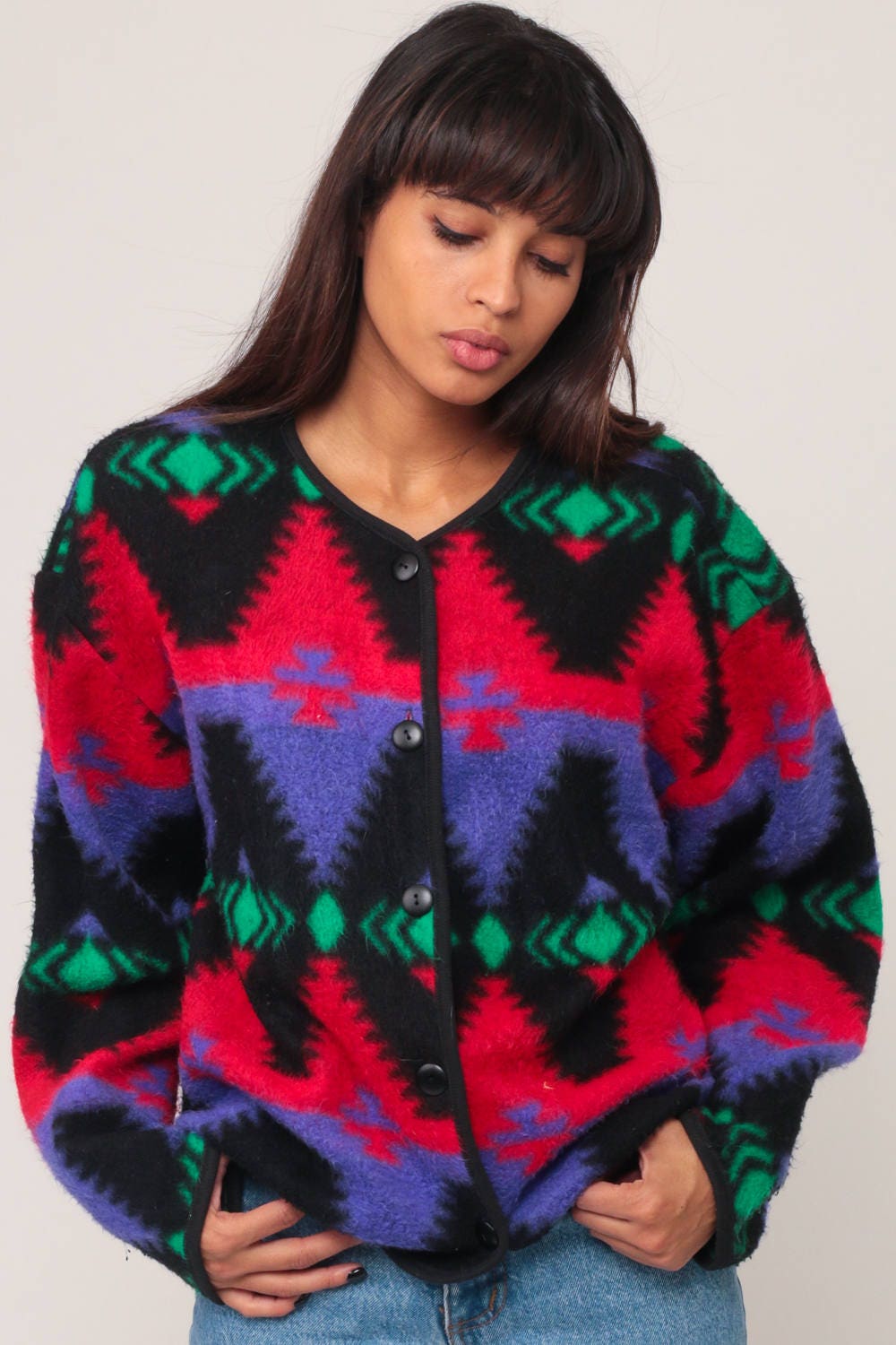 90s Tribal Fleece Jacket Aztec Print Button-Up Blazer Red Purple Medium