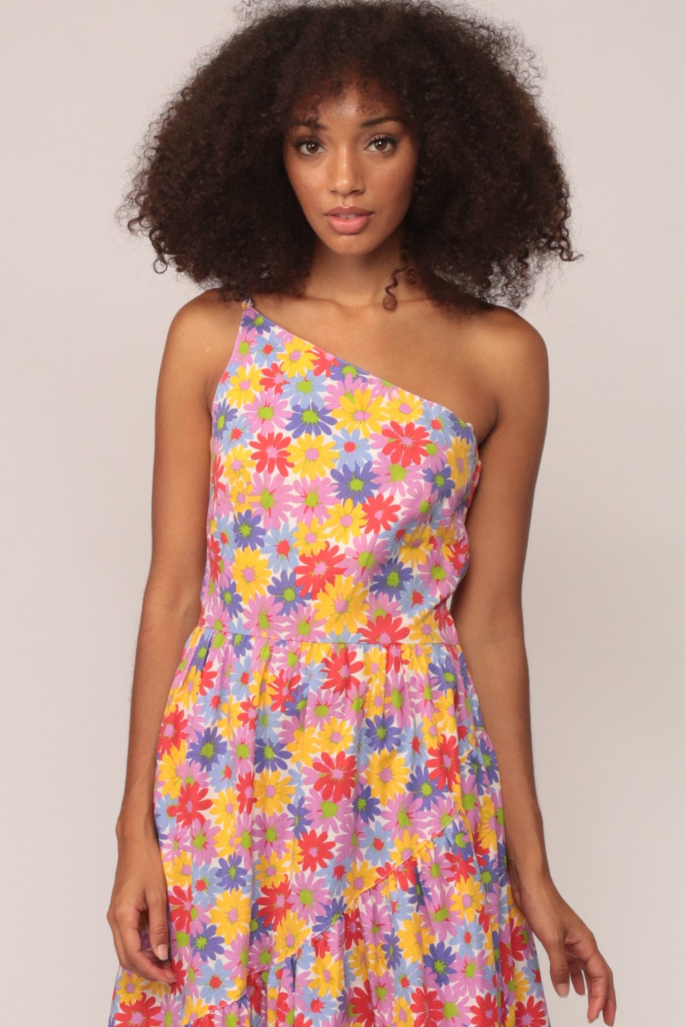 70s Lanz Floral One-Shoulder Midi Dress High Waist Pocket Cotton Extra Small