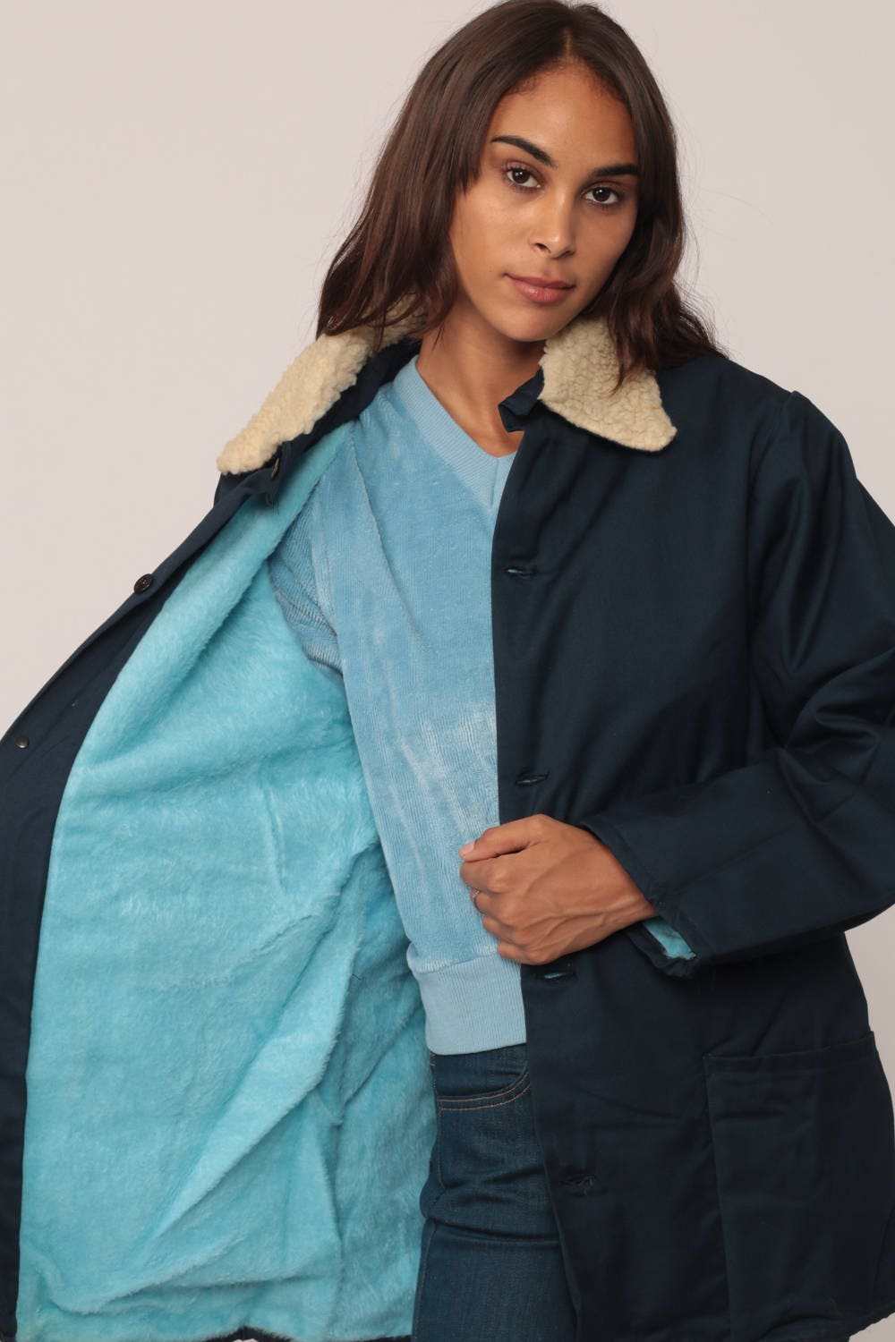 70s Dark Blue Sherpa Collar Jacket Faux Fur Lining Winter Coat Medium