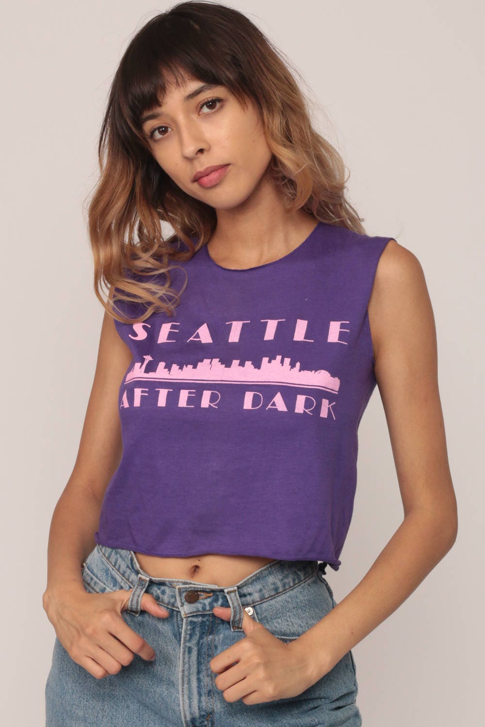 80s Seattle After Dark Tank Top Purple Graphic Crop Tee Small