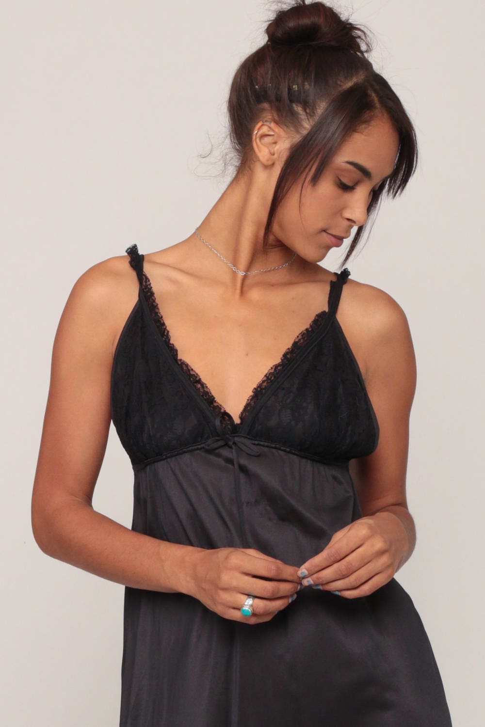 70s Black Lace Maxi Slip Dress Empire Waist V-Neck Nightgown Small