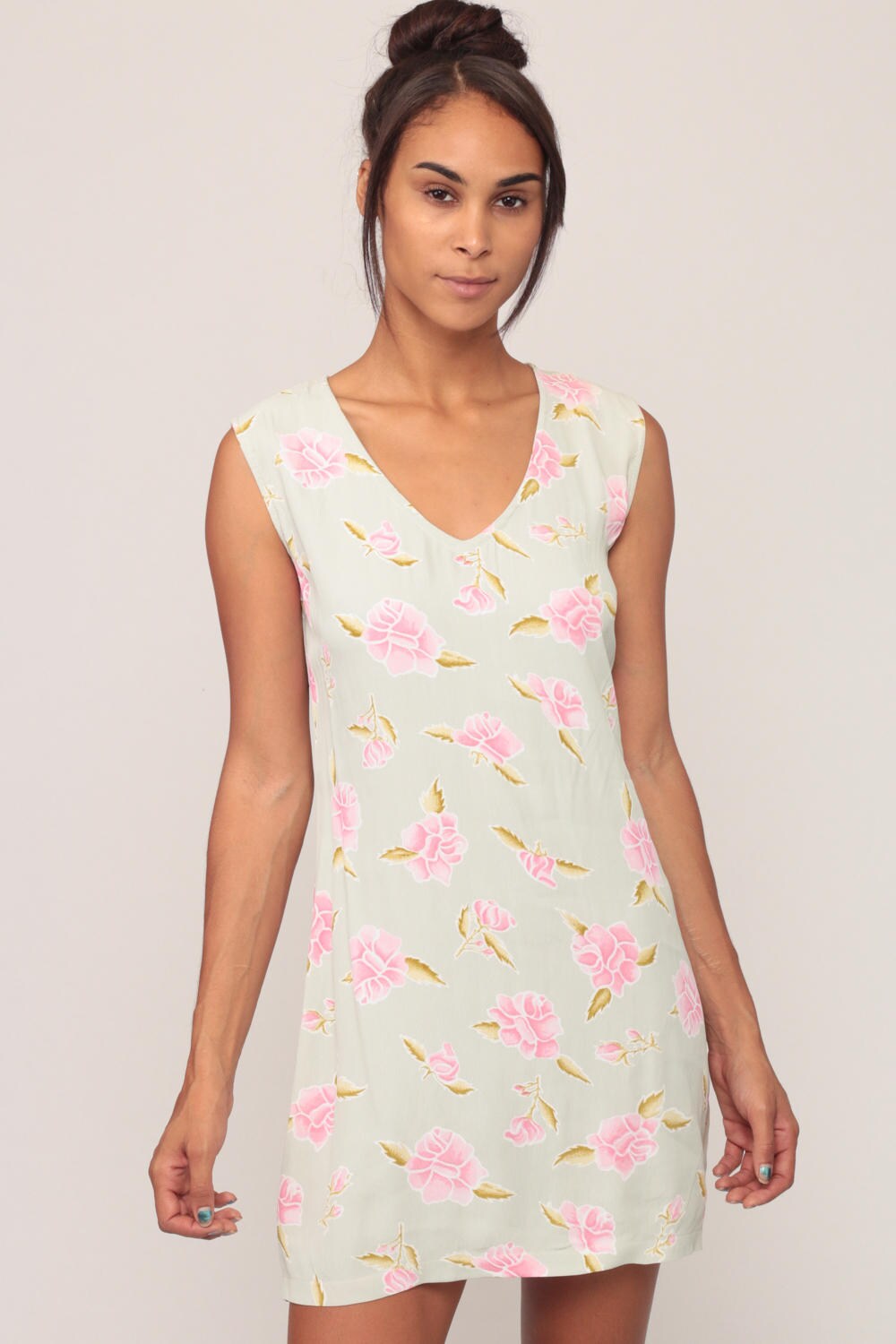 90s Floral Mini Dress Pink Moss Green V-Neck Shift Sundress Extra Small XS