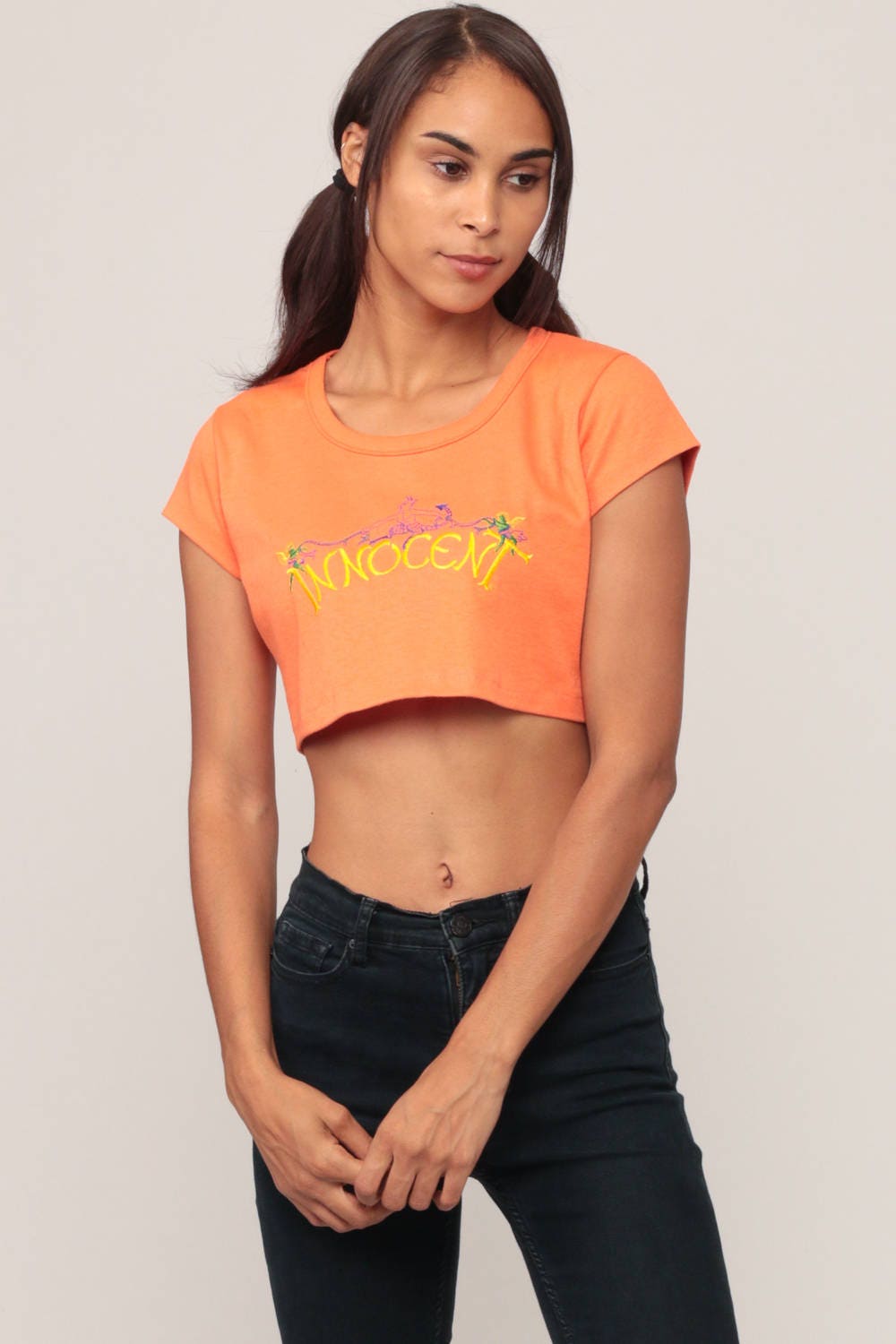 70s Innocent Crop Top Orange Angel Devil Embroidered Graphic Tee Small