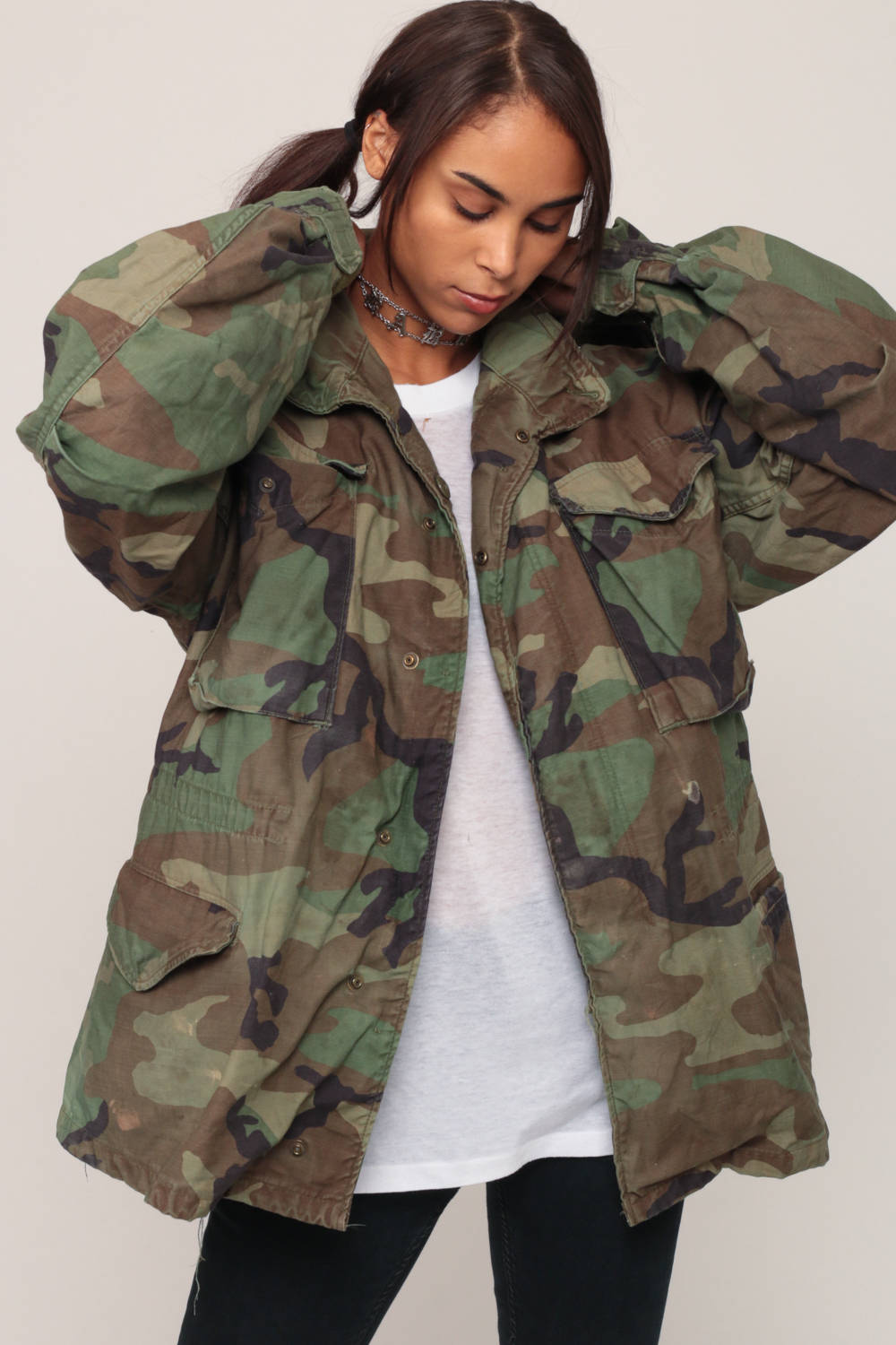 80s Military Camo Jacket Olive Drab Field Cargo Large