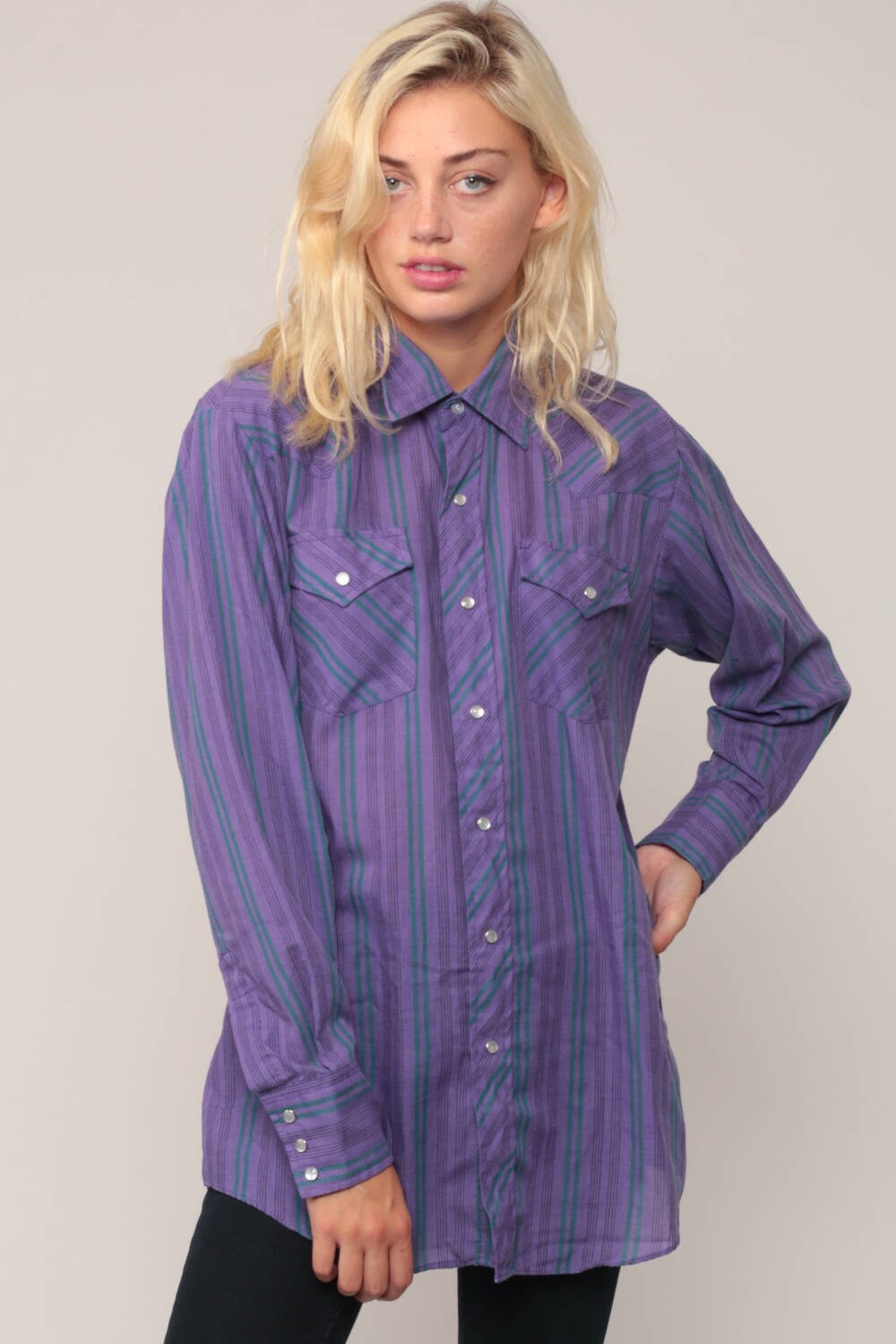 80s Western Pearl Snap Striped Purple Button-Up Shirt Medium