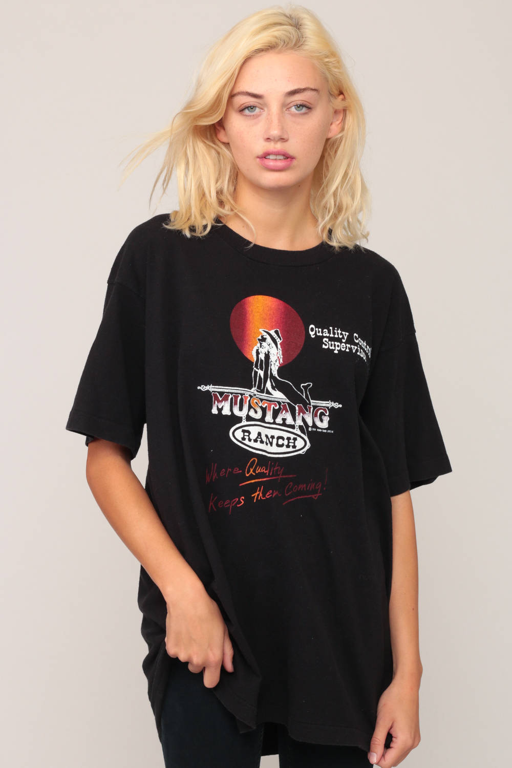 80s Mustang Ranch Pin Up Girl Graphic T-Shirt Black Extra Large