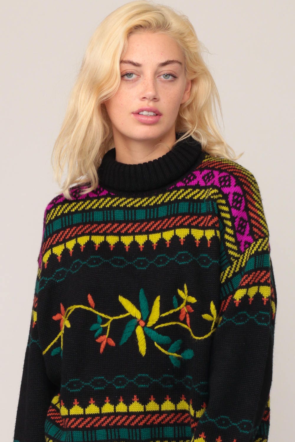 80s Floral Embroidered Funnel Neck Sweater Black Knit Plus Size XXL