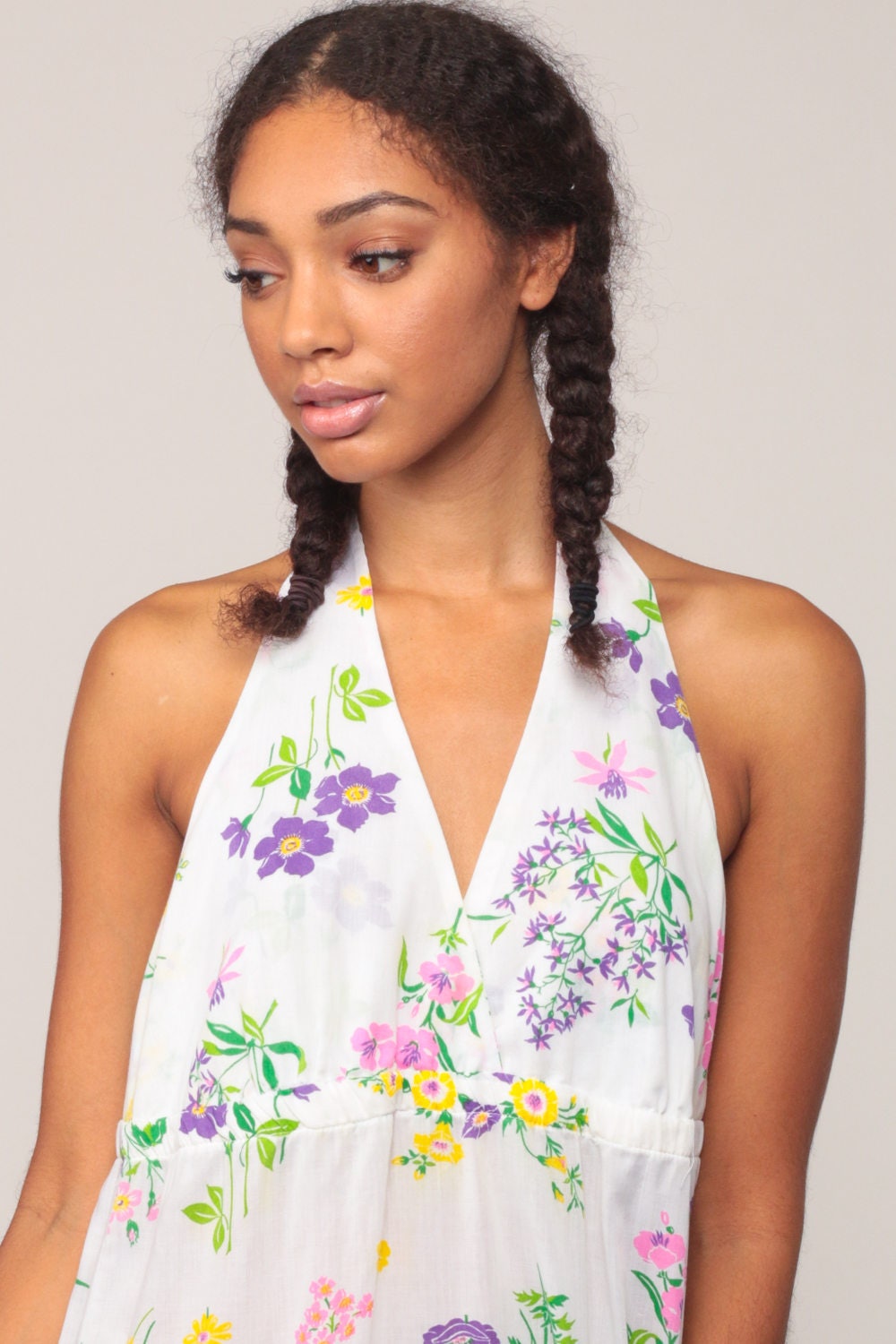 70s White Floral Halter Maxi Dress Deep V Backless Sundress Large