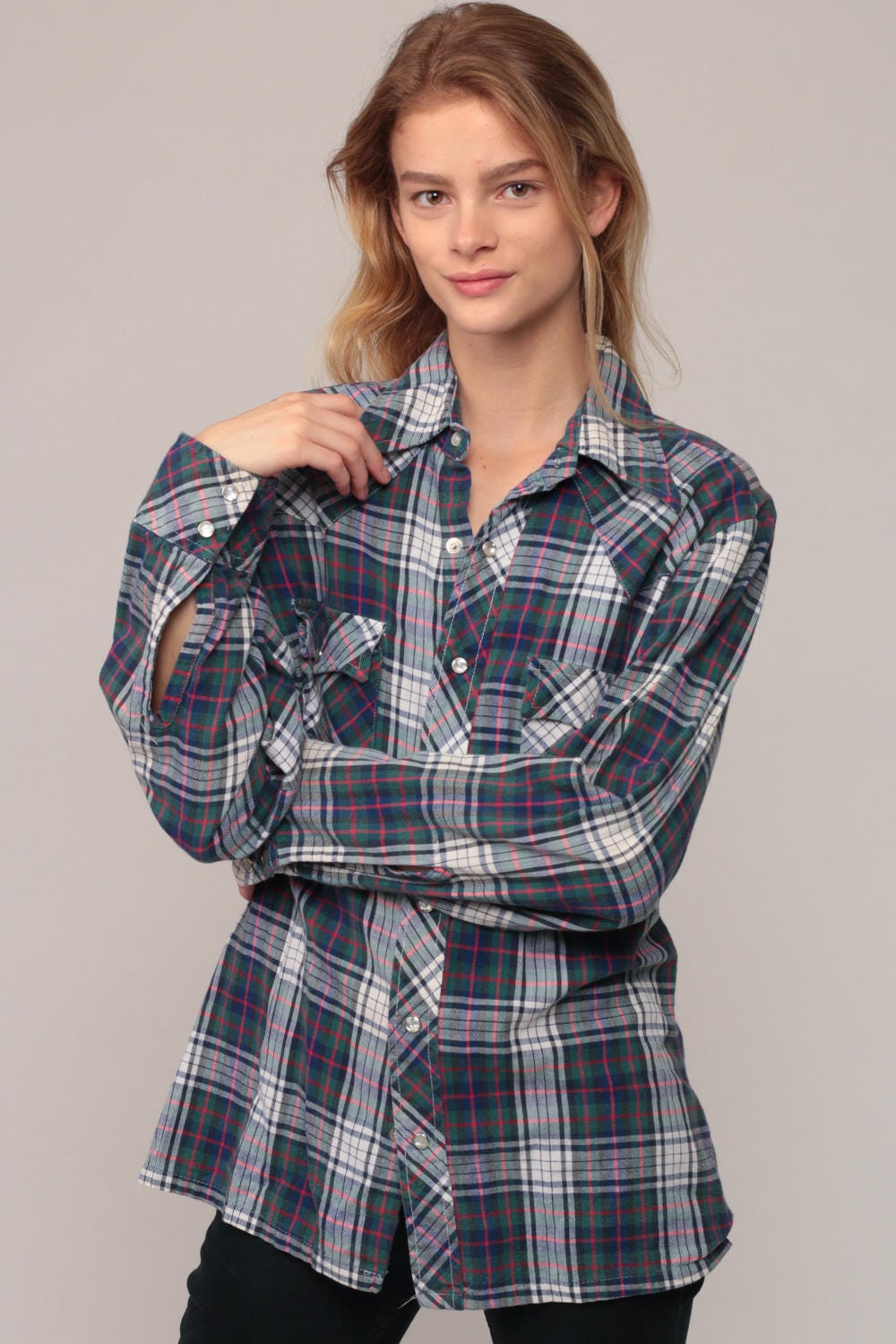 70s Wrangler Pearl Snap Western Shirt Plaid Blue Green Large
