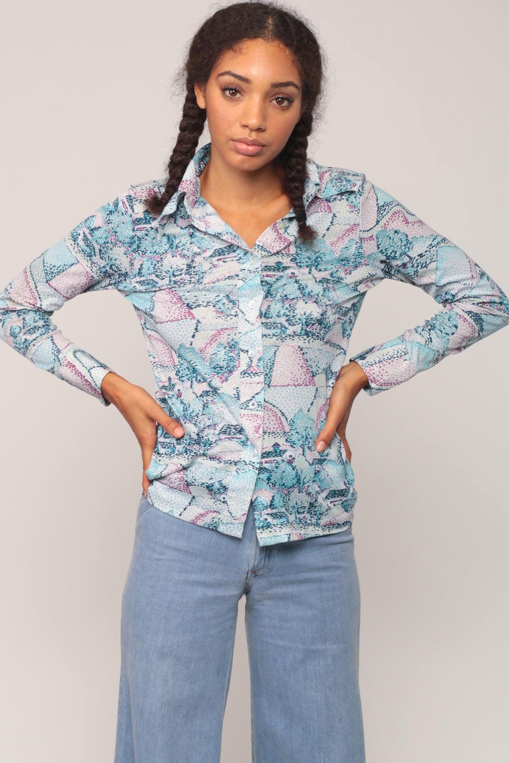 70s House Tree Print Button Up Shirt Blue Long Sleeve Blouse Medium