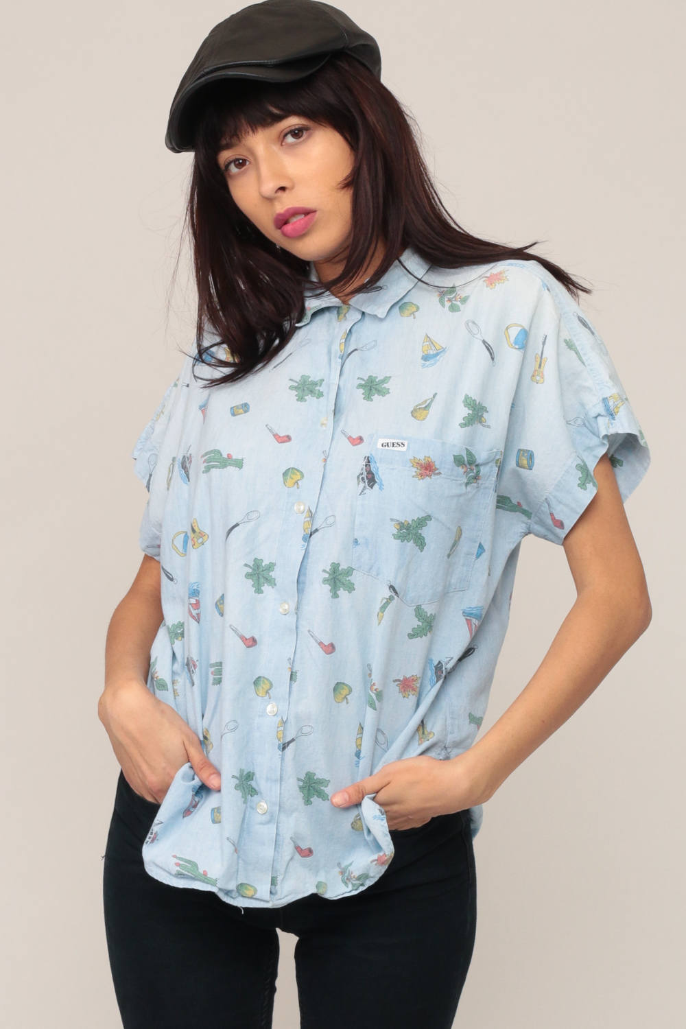 90s Guess Georges Marciano Guitar Sailboat Cactus Button Up Blouse Blue Extra Large