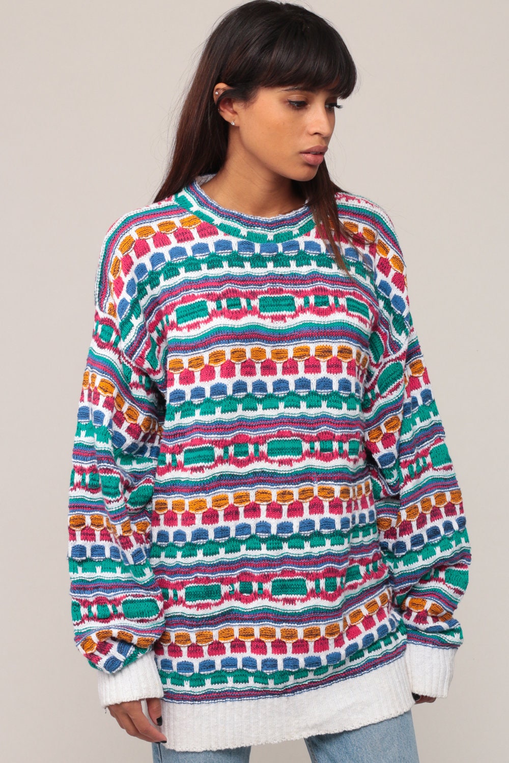 90s Striped Pullover Sweater Geometric Knit Blue Green Pink Large