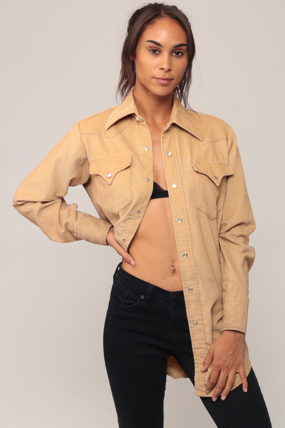 70s Tan Corduroy Pearl Snap Western Shirt Long Sleeve Unisex Small