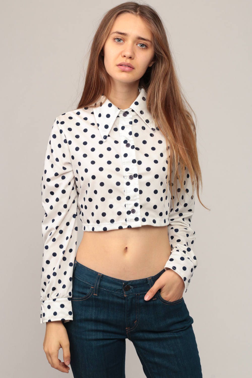 70s White Blue Polka Dot Crop Top Button Up Blouse Long Sleeve Small Medium