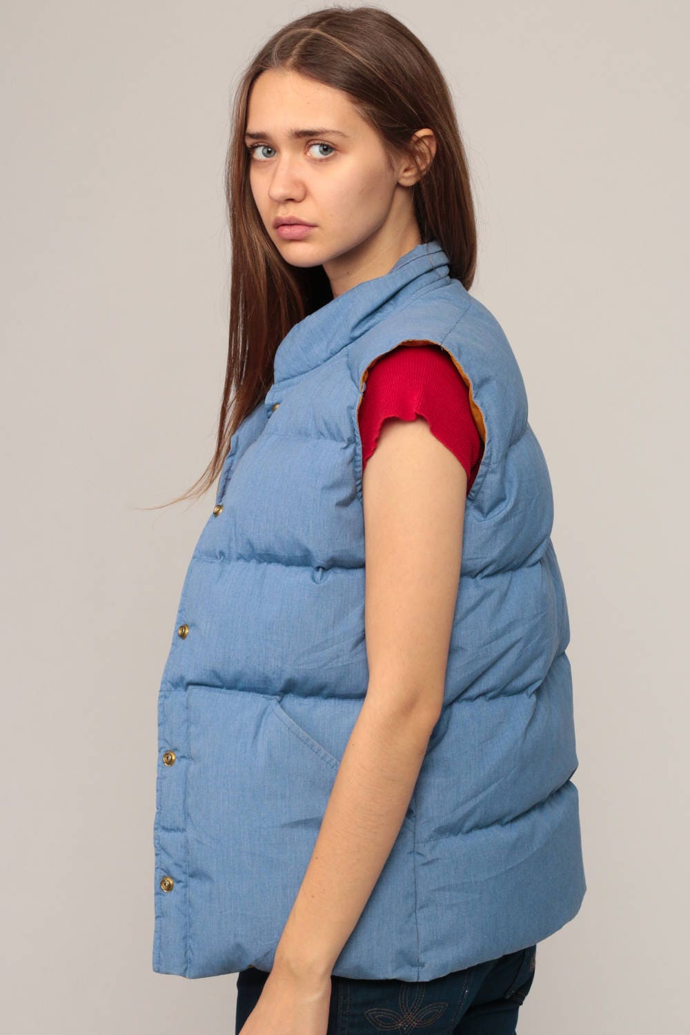70s Goose Down Puffer Vest Blue Sleeveless Unisex Extra Small
