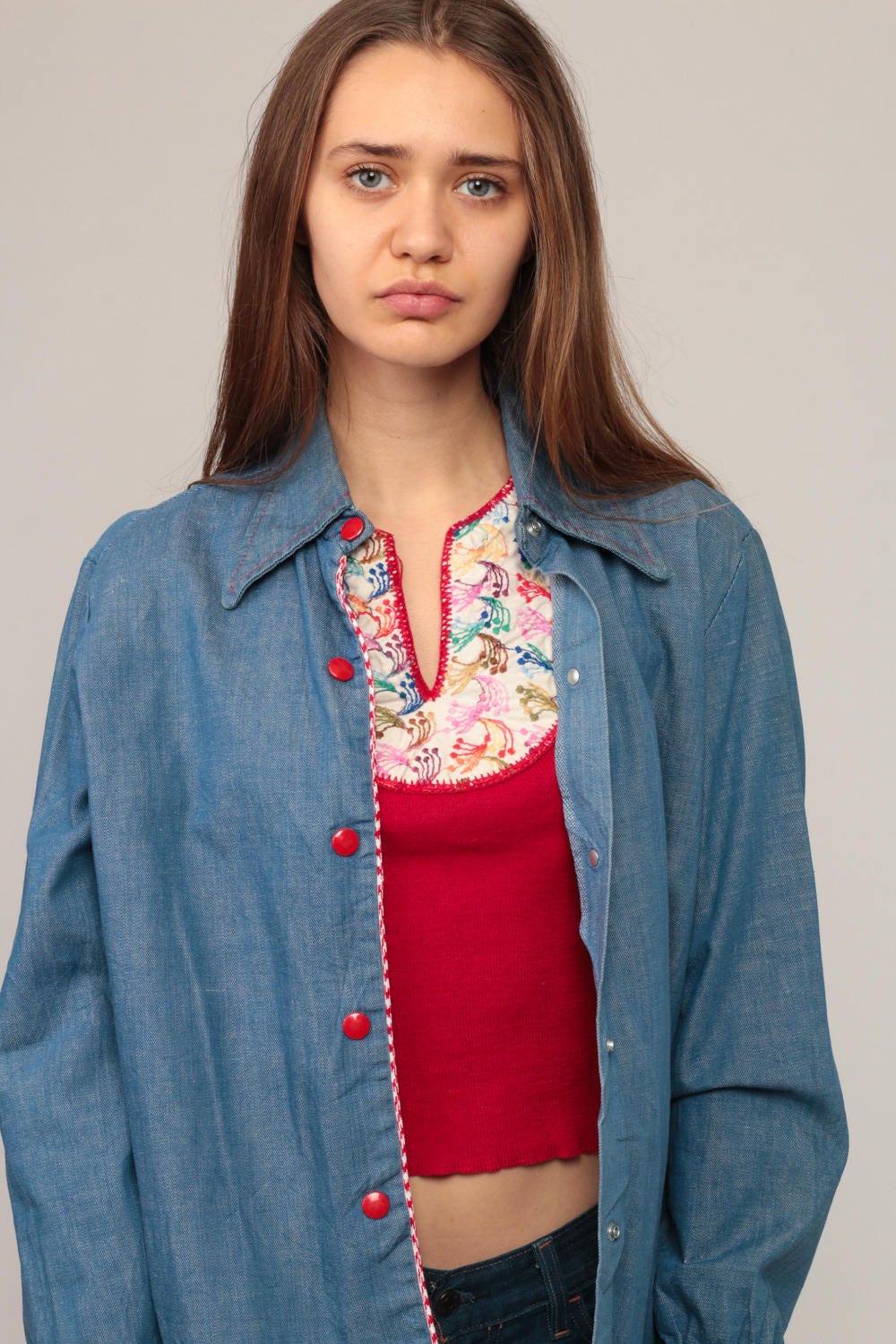 70s Blue Denim Shirt Red Snap Button Up Long Sleeve Unisex Large
