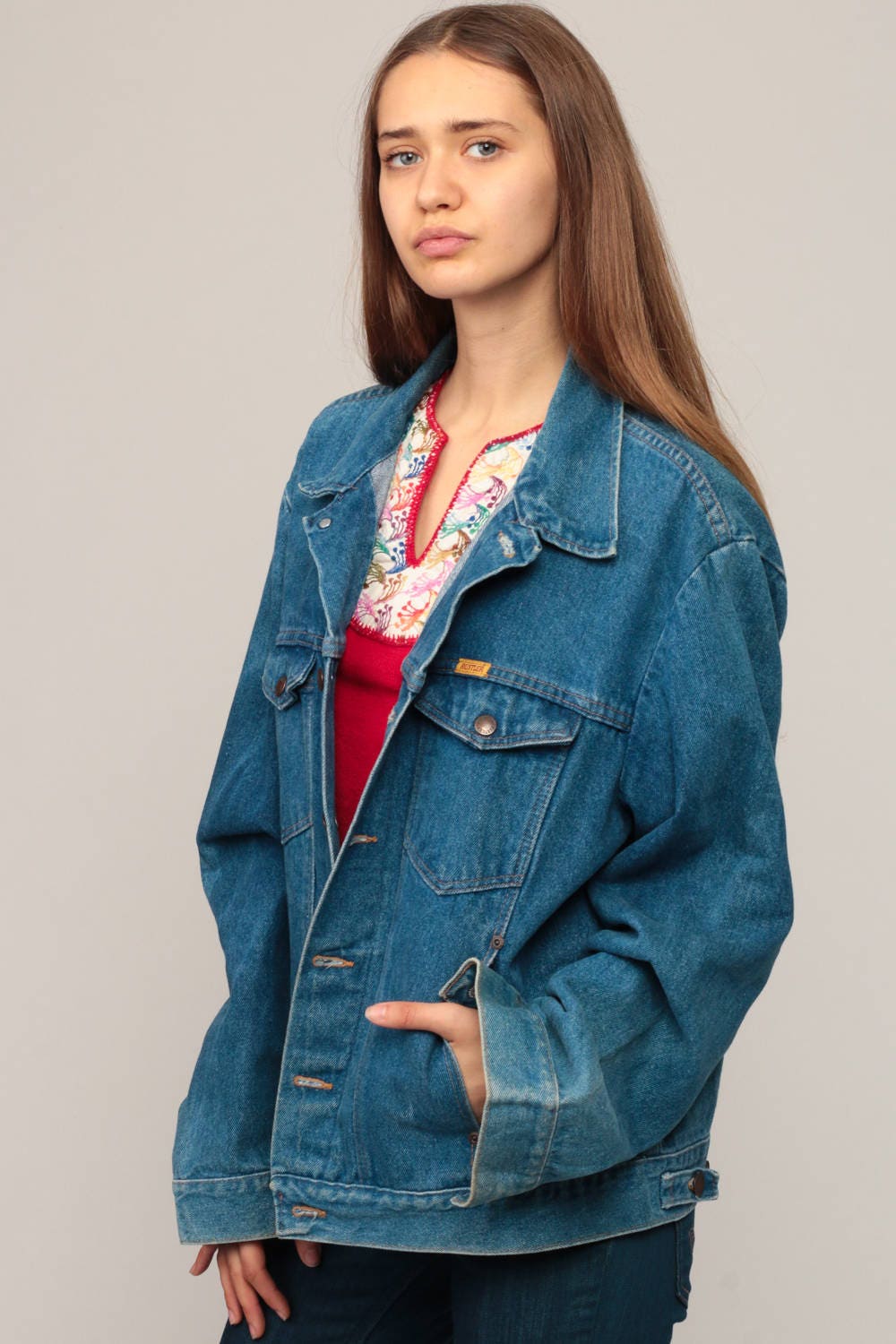 80s Rustler Blue Stone Wash Denim Jacket Trucker Extra Large XL