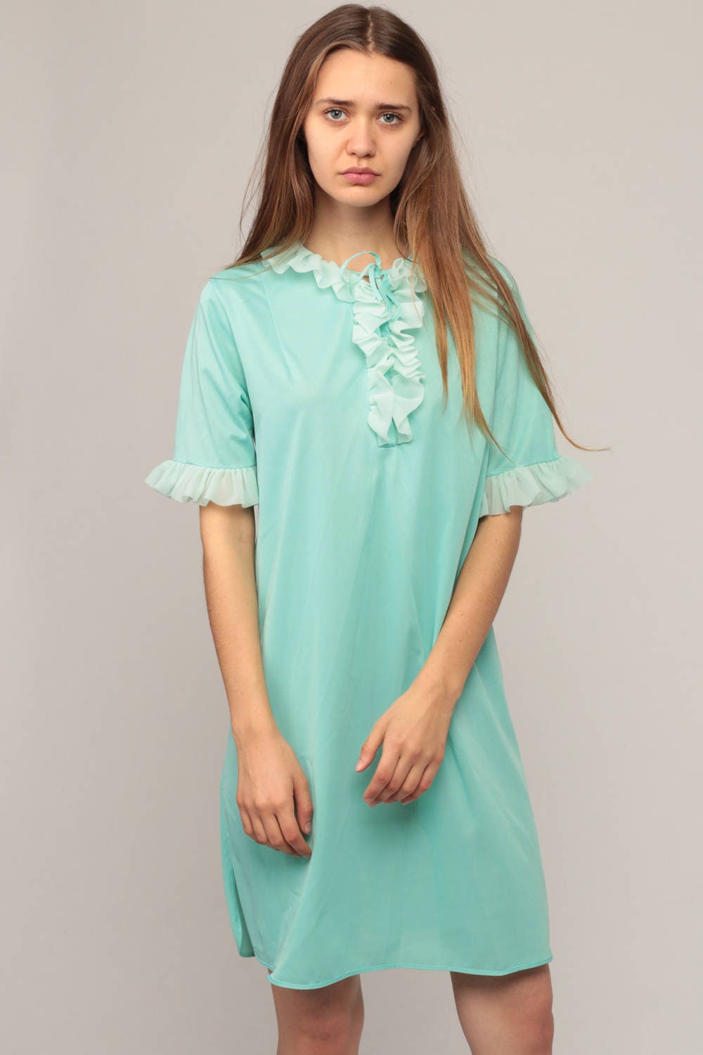 70s Seafoam Blue Babydoll Nightgown Mini Ruffle Trim Small Medium