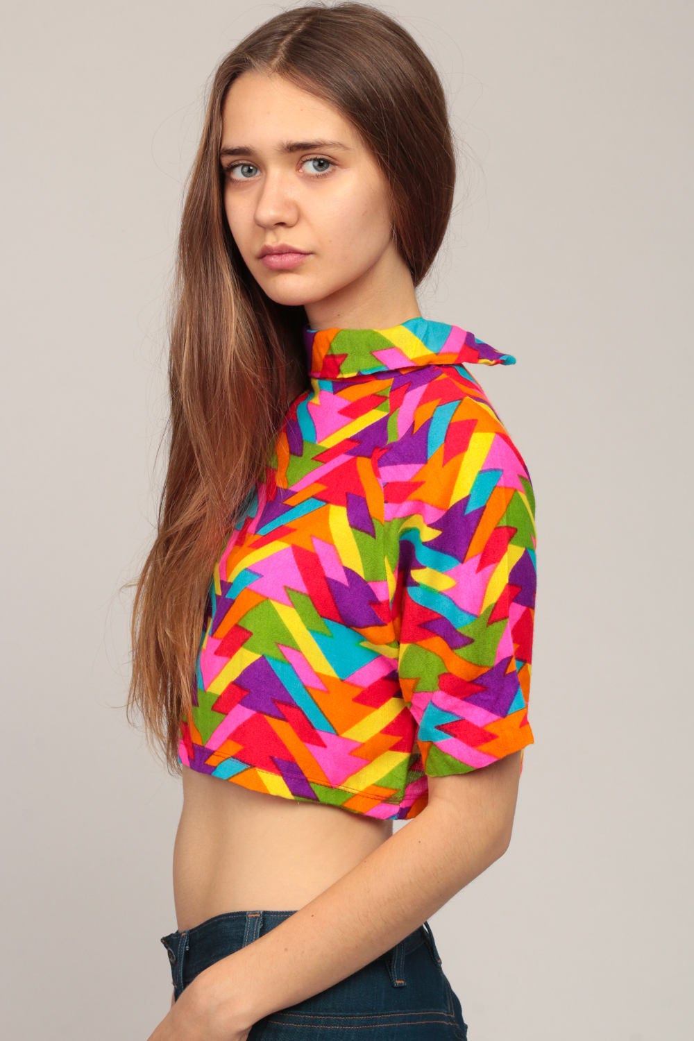 70s Rainbow Geometric Crop Top Turtleneck Short Sleeve Small