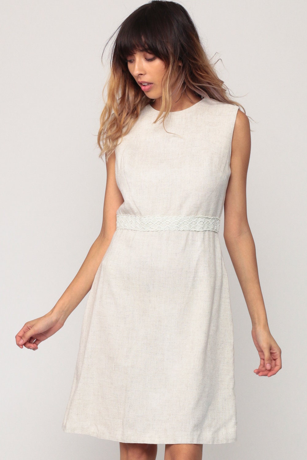 60s Mod Mini Shift Dress Linen Beige Sleeveless High Waist Medium