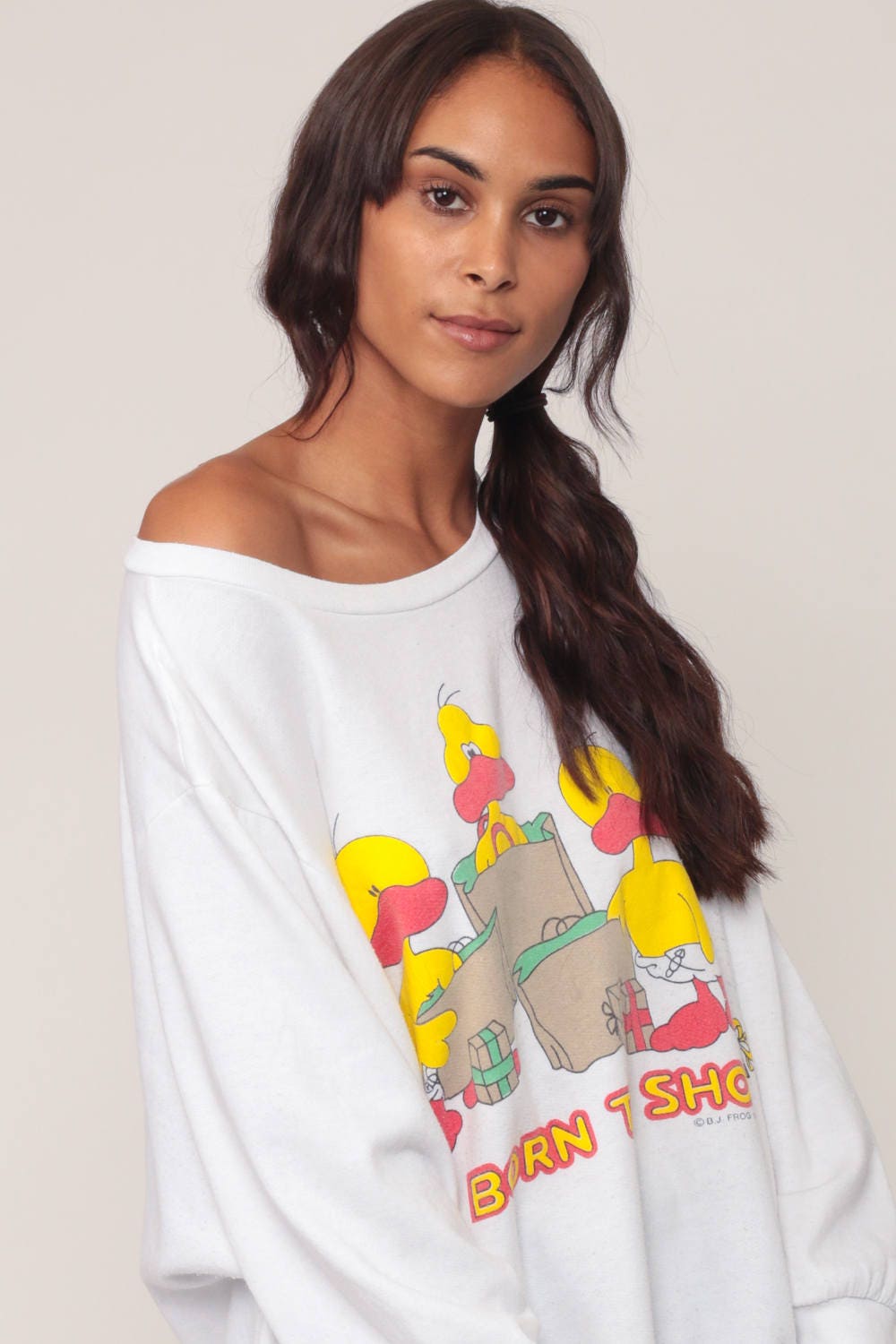 80s Born to Shop Duck Graphic Sweatshirt Cartoon Jumper Extra Large XL