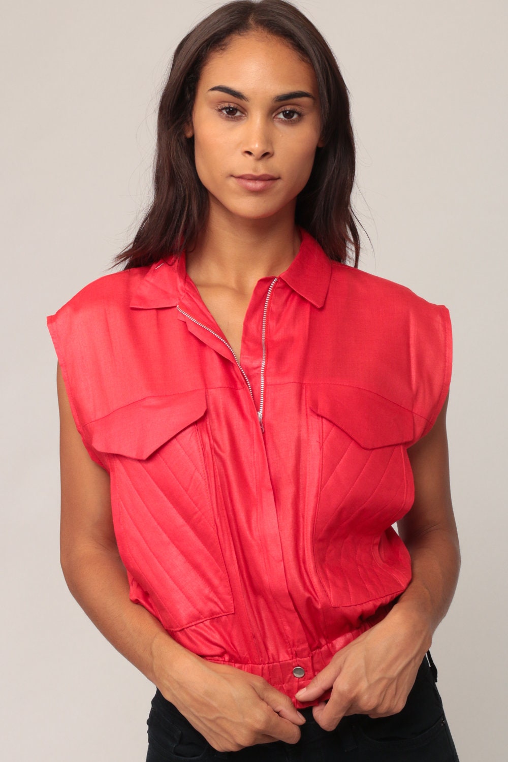 80s Red Zip Vest Cargo Pockets Sleeveless Medium