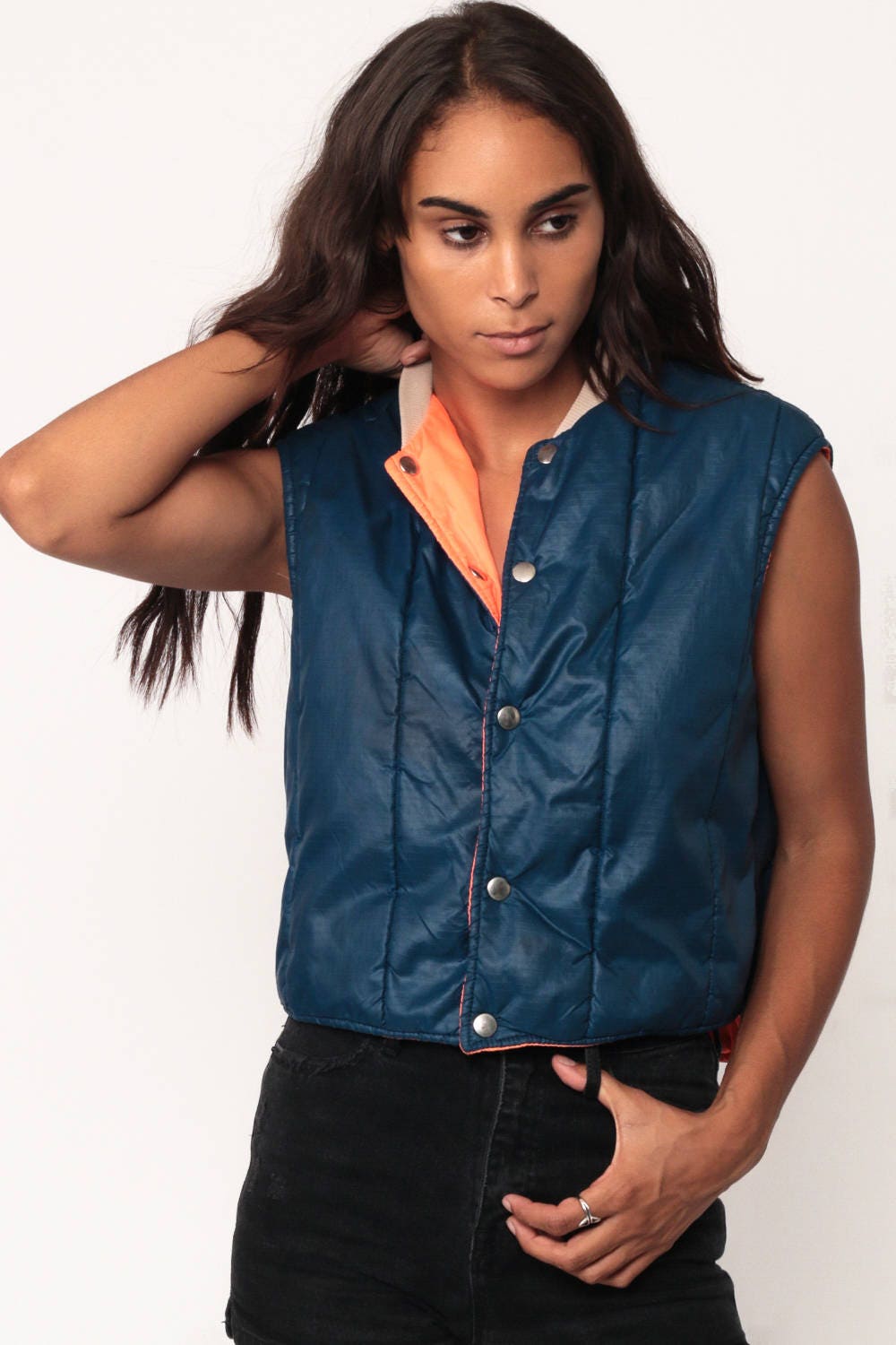 70s 80s Reversible Puffer Vest Blue Orange Sleeveless Jacket Extra Small